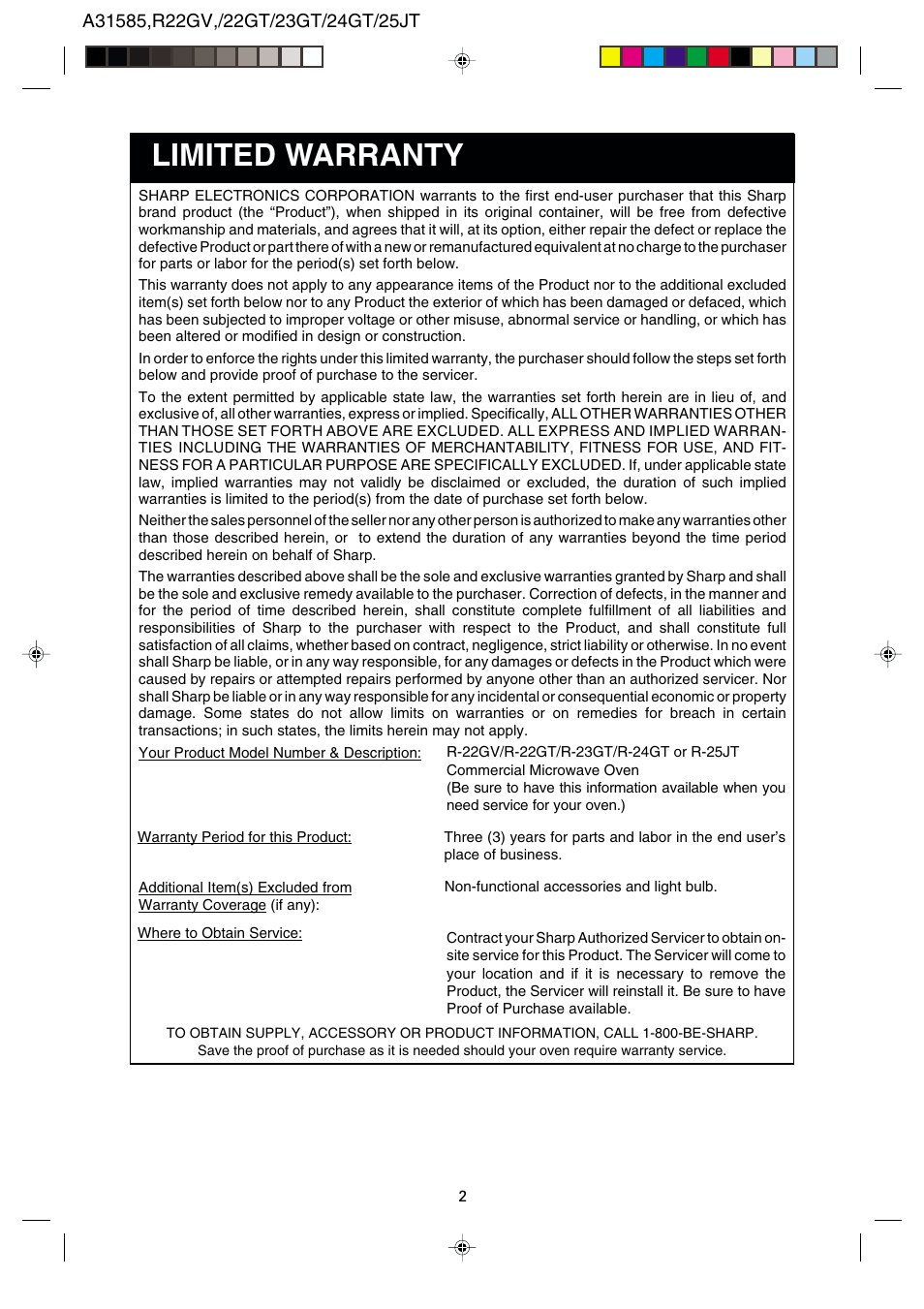 Limited warranty | Sharp R-22GT User Manual | Page 3 / 24