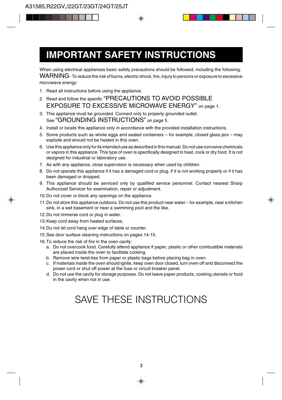 Save these instructions, Important safety instructions, Warning | Grounding instructions | Sharp R-22GT User Manual | Page 4 / 24