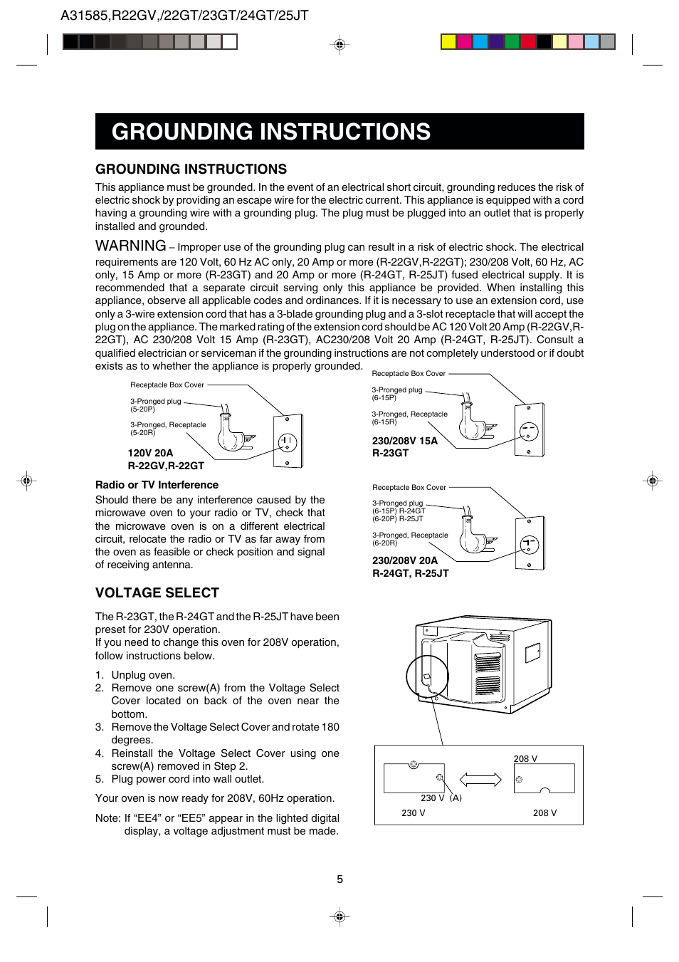 Grounding instructions, Warning, Voltage select | Sharp R-22GT User Manual | Page 6 / 24