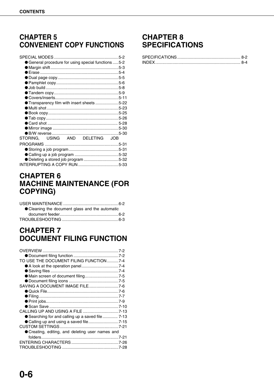 Chapter 5 convenient copy functions, Chapter 6 machine maintenance (for copying), Chapter 7 document filing function | Chapter 8 specifications | Sharp AR-M700N User Manual | Page 10 / 172
