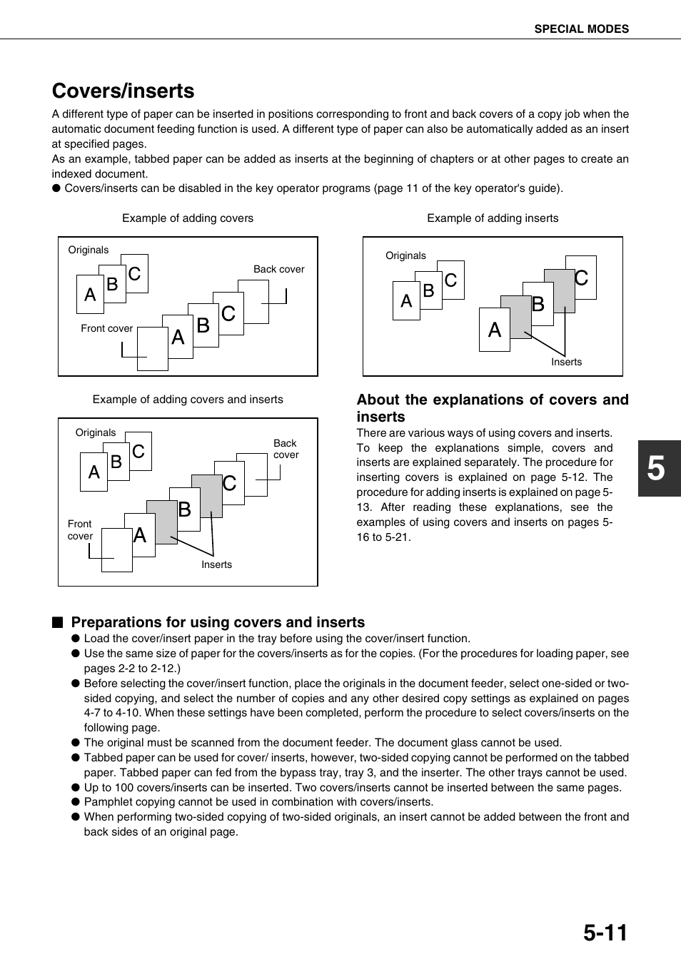 Covers/inserts, About the explanations of covers and inserts, Preparations for using covers and inserts | E 5-11 | Sharp AR-M700N User Manual | Page 107 / 172