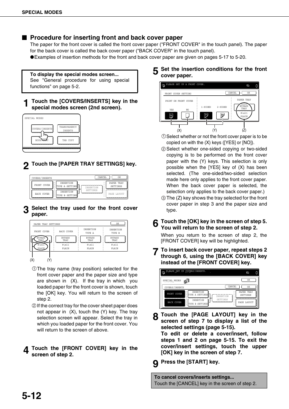 Procedure for inserting front and back cover paper, Touch the [paper tray settings] key, Select the tray used for the front cover paper | Press the [start] key, Special modes | Sharp AR-M700N User Manual | Page 108 / 172