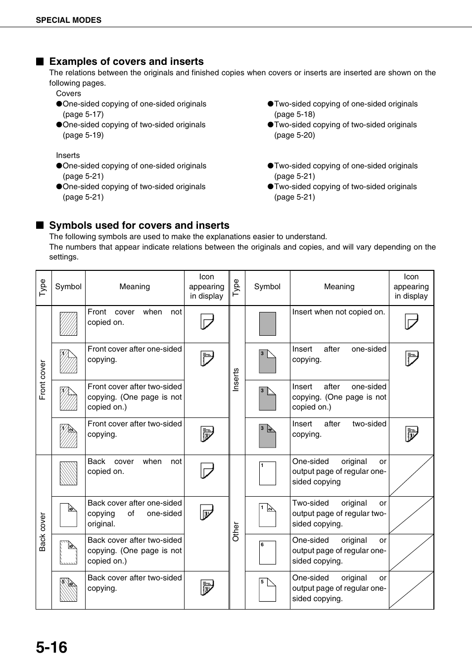 Examples of covers and inserts, Symbols used for covers and inserts, S 5- 16 to | Sharp AR-M700N User Manual | Page 112 / 172