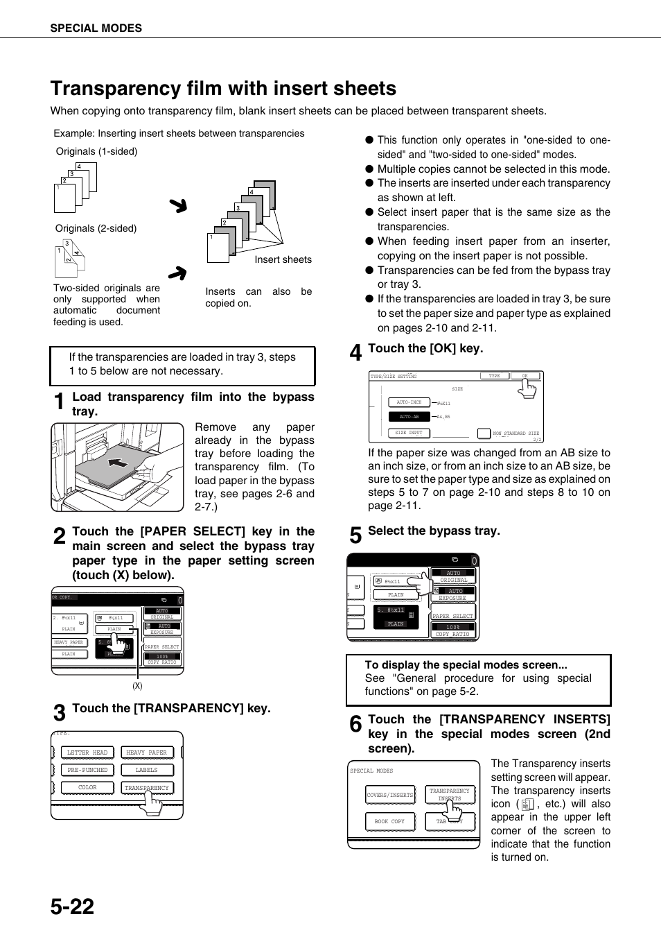 Transparency film with insert sheets, Ge 5-22), E 5-22) | Load transparency film into the bypass tray, Touch the [transparency] key, Touch the [ok] key, Select the bypass tray, Special modes | Sharp AR-M700N User Manual | Page 118 / 172