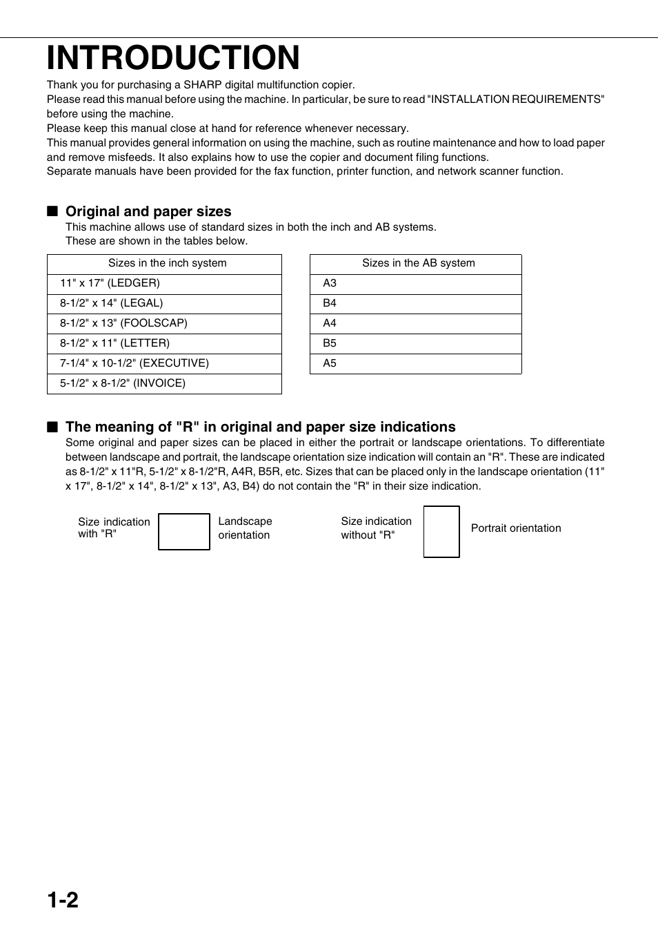 Introduction, Original and paper sizes | Sharp AR-M700N User Manual | Page 12 / 172