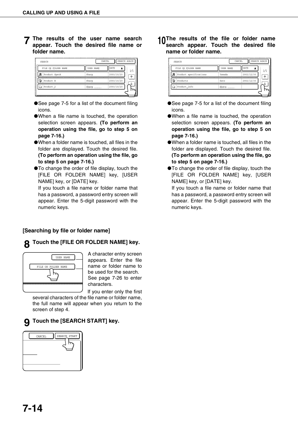 Searching by file or folder name, Touch the [file or folder name] key, Touch the [search start] key | Sharp AR-M700N User Manual | Page 148 / 172