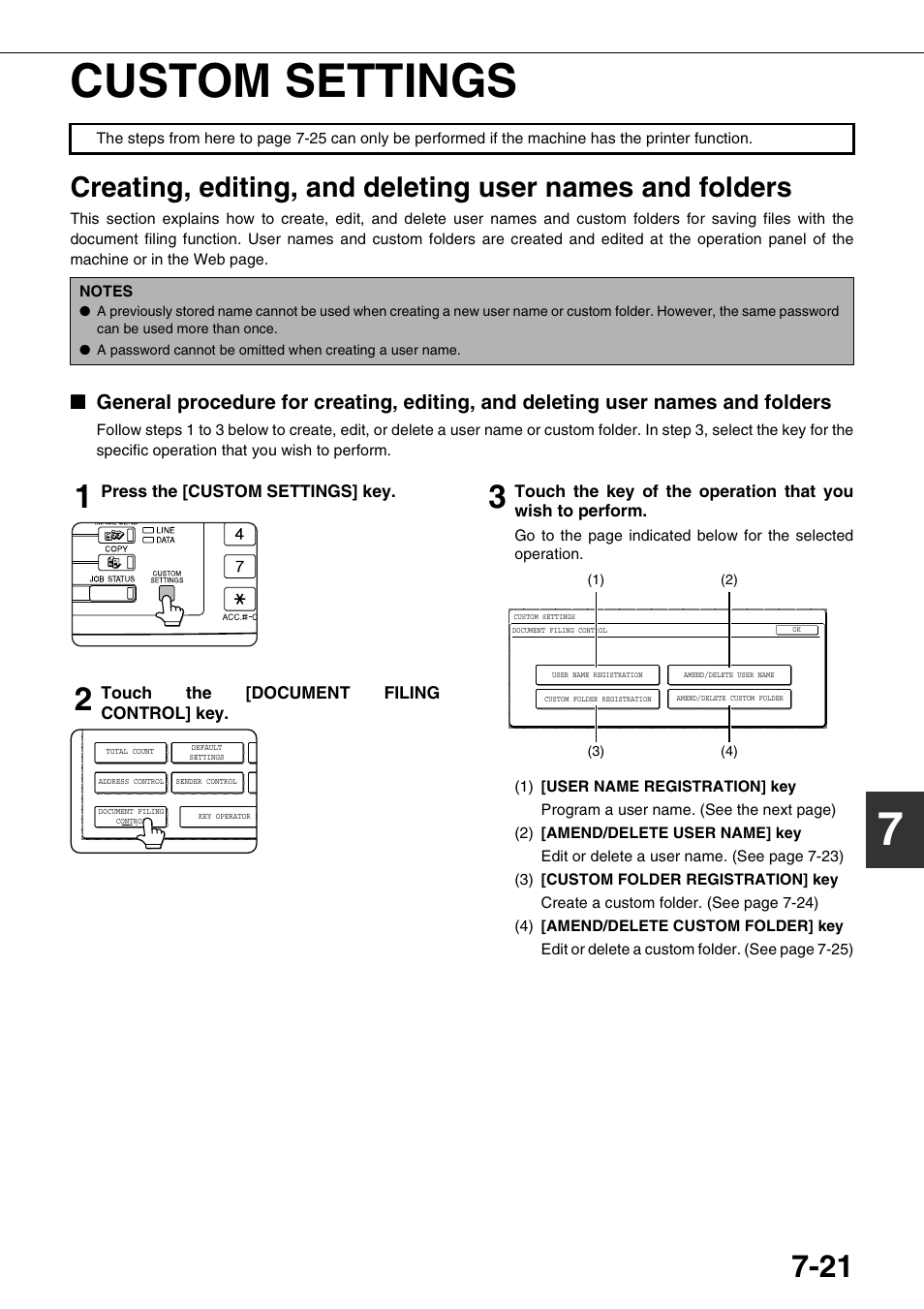 Custom settings, Creating, editing, and deleting user names and, Folders | E 7-21), Ee [custom settings, 7custom settings | Sharp AR-M700N User Manual | Page 155 / 172