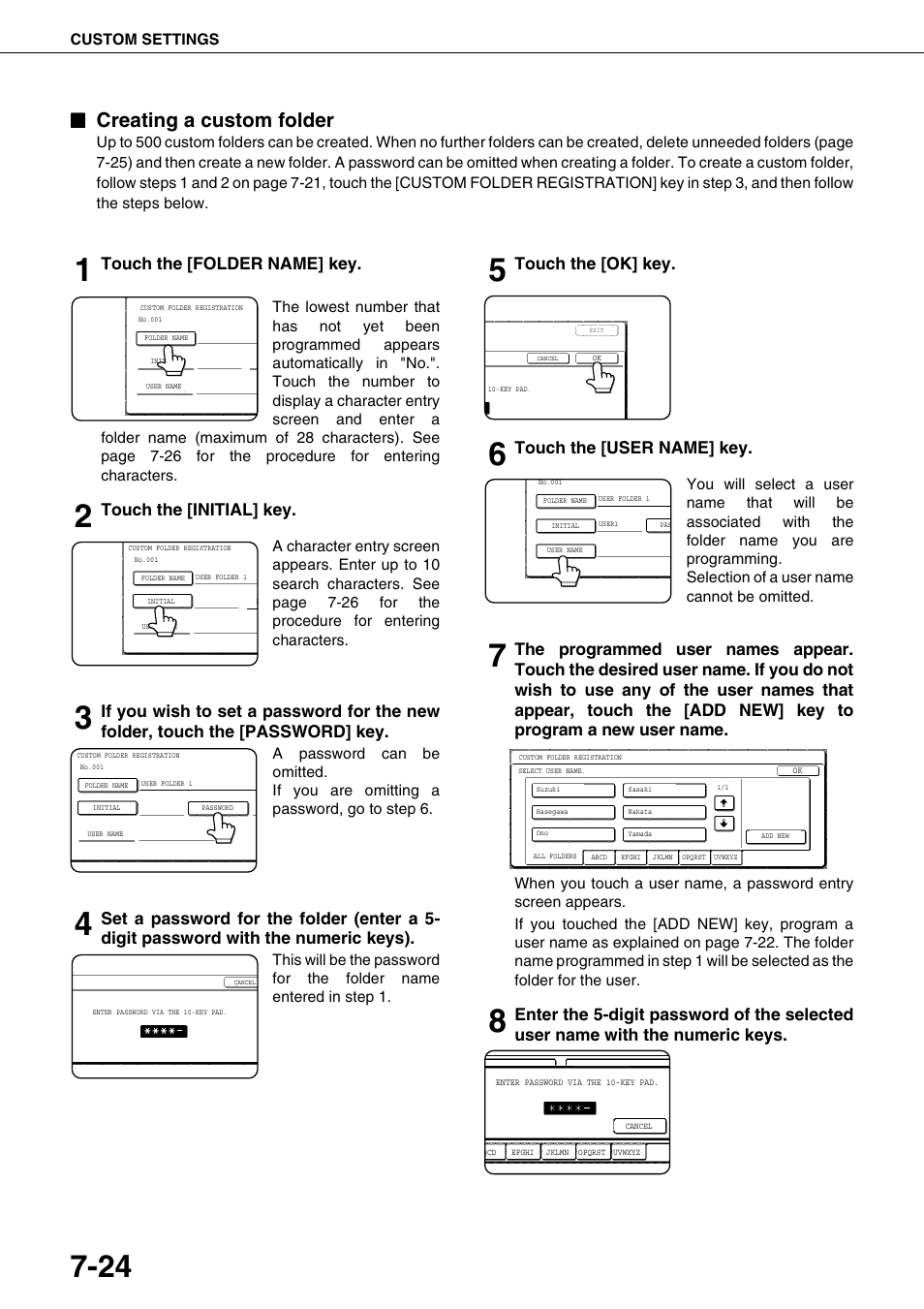 Creating a custom folder, Age 7-24), Touch the [folder name] key | Touch the [initial] key, Touch the [ok] key, Touch the [user name] key | Sharp AR-M700N User Manual | Page 158 / 172