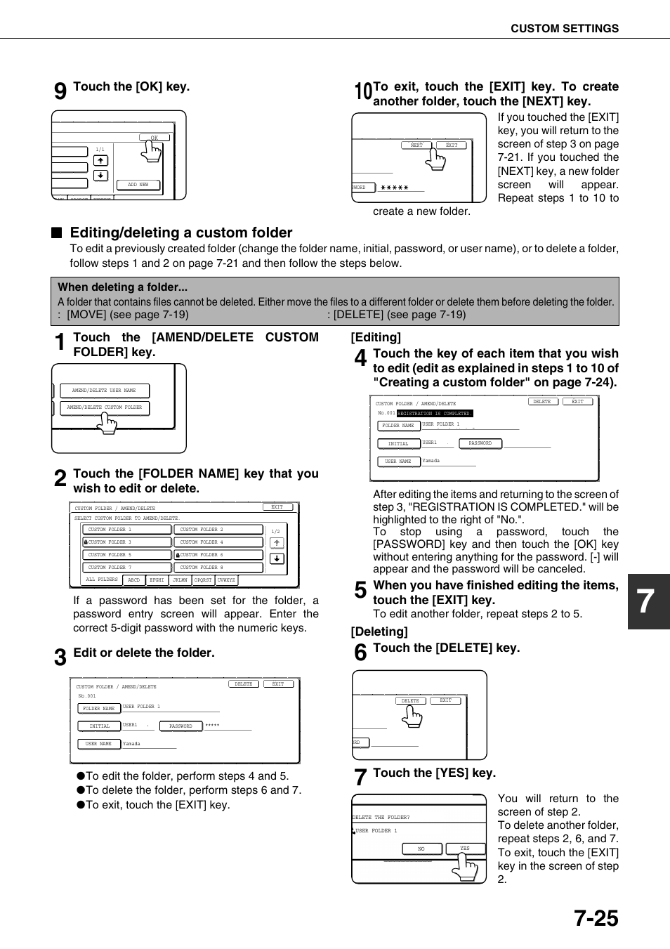 Editing/deleting a custom folder, To 7-25), And "editing/deleting a custom folder | To 7-25, E 7-25, 25 ca, Touch the [ok] key, Touch the [amend/delete custom folder] key, Edit or delete the folder, Editing | Sharp AR-M700N User Manual | Page 159 / 172