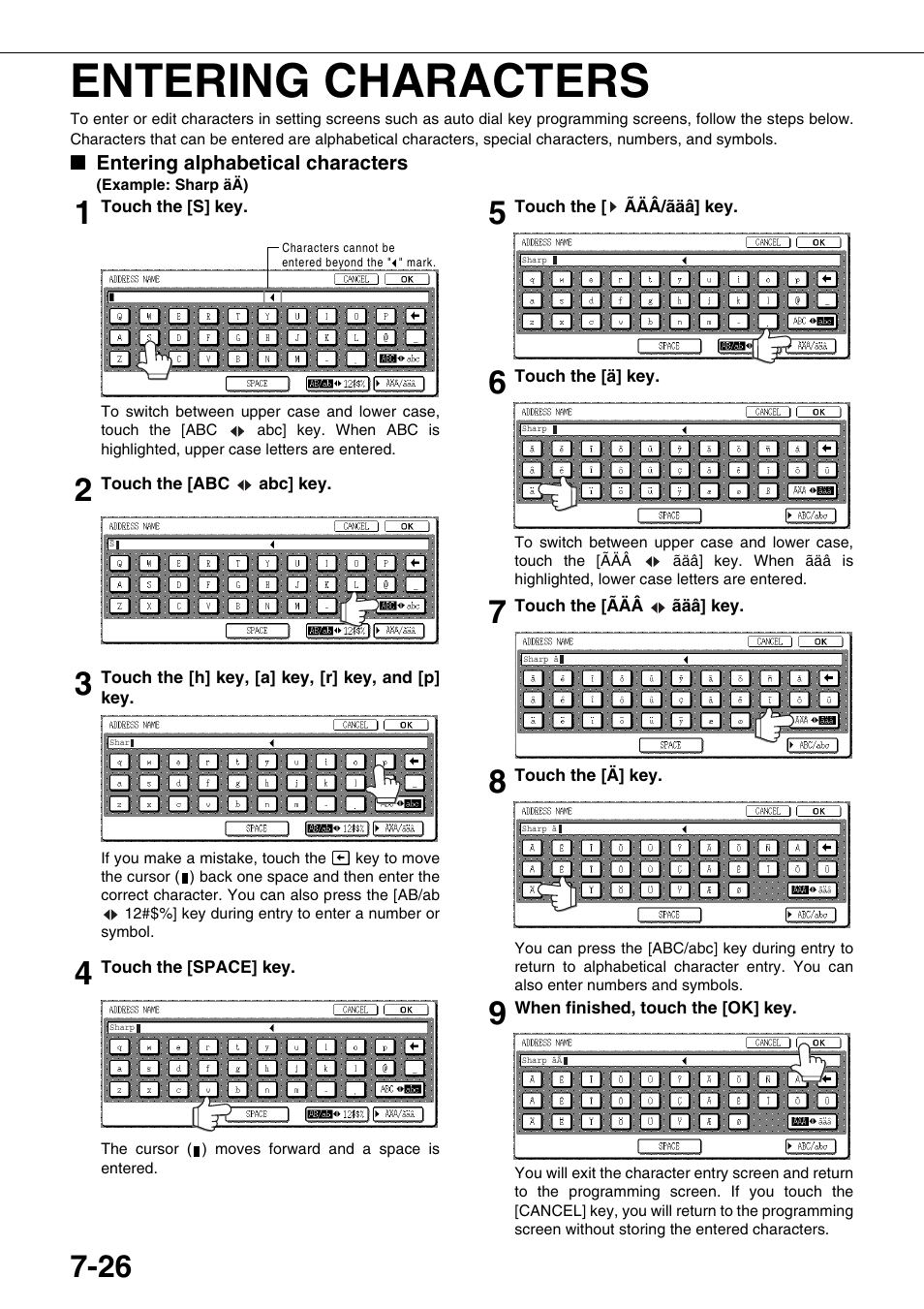 Entering characters, Entering alphabetical characters, 26 t | 26 to, Ge 7-26, Ge 7-26 fo | Sharp AR-M700N User Manual | Page 160 / 172