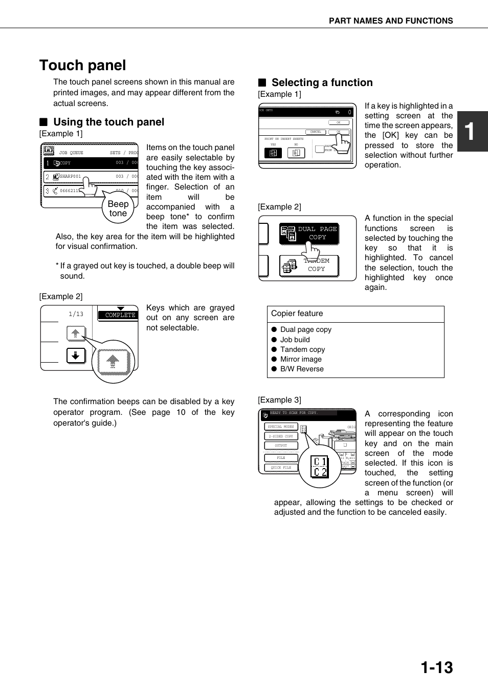 Touch panel, Using the touch panel, Selecting a function | Beep tone | Sharp AR-M700N User Manual | Page 23 / 172