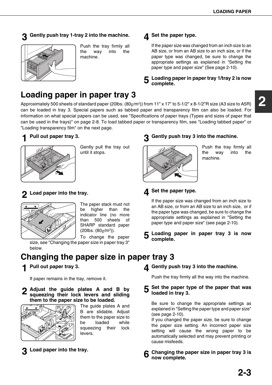 Loading paper in paper tray 3, Changing the paper size in paper tray 3 | Sharp AR-M700N User Manual | Page 31 / 172