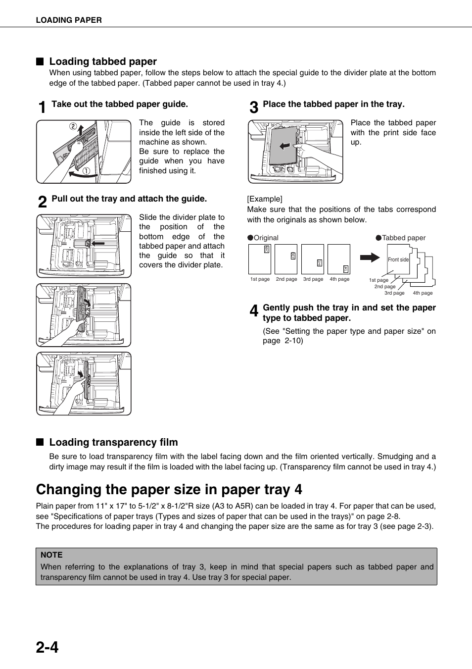 Loading tabbed paper, Loading transparency film, Changing the paper size in paper tray 4 | Sharp AR-M700N User Manual | Page 32 / 172