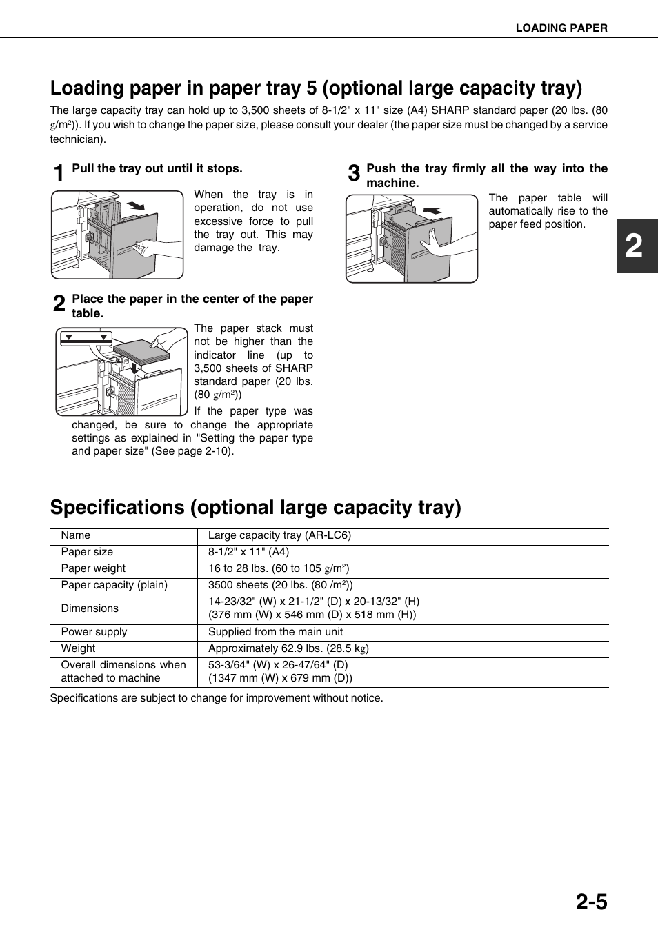 Specifications (optional large capacity tray), Loading paper in paper tray 5 (optional large, Capacity tray) | Sharp AR-M700N User Manual | Page 33 / 172