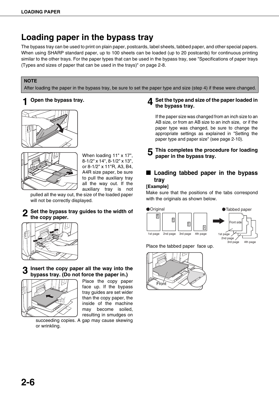 Loading paper in the bypass tray, Loading tabbed paper in the bypass tray | Sharp AR-M700N User Manual | Page 34 / 172