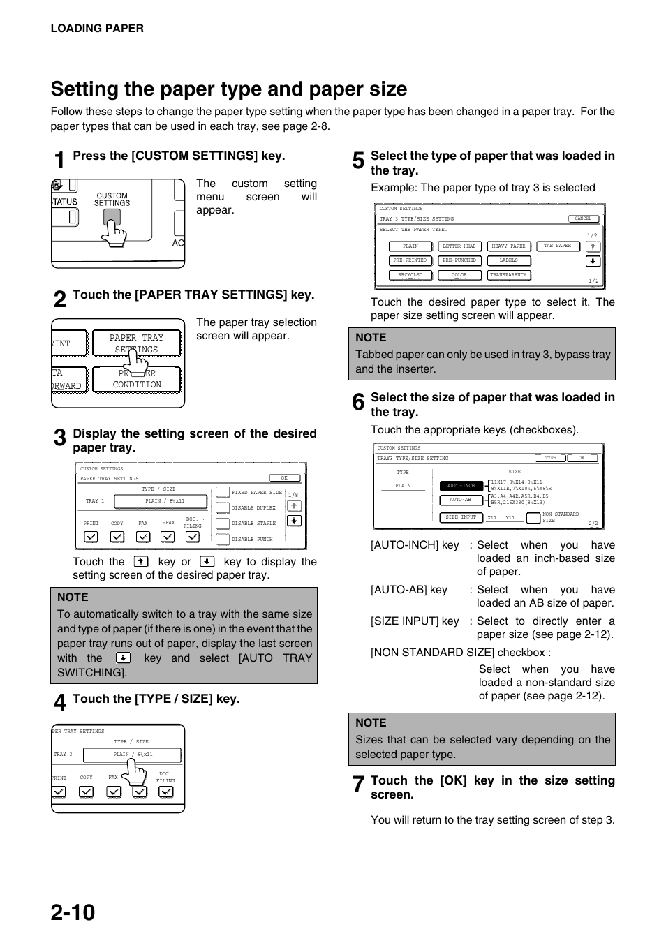 Setting the paper type and paper size, Ned in "setting the paper type and paper size, Ge 2-10) | In "setting the paper type and paper size, E 2-10), E 2-10, Setting, The paper type and paper size, Press the [custom settings] key, Touch the [paper tray settings] key | Sharp AR-M700N User Manual | Page 38 / 172