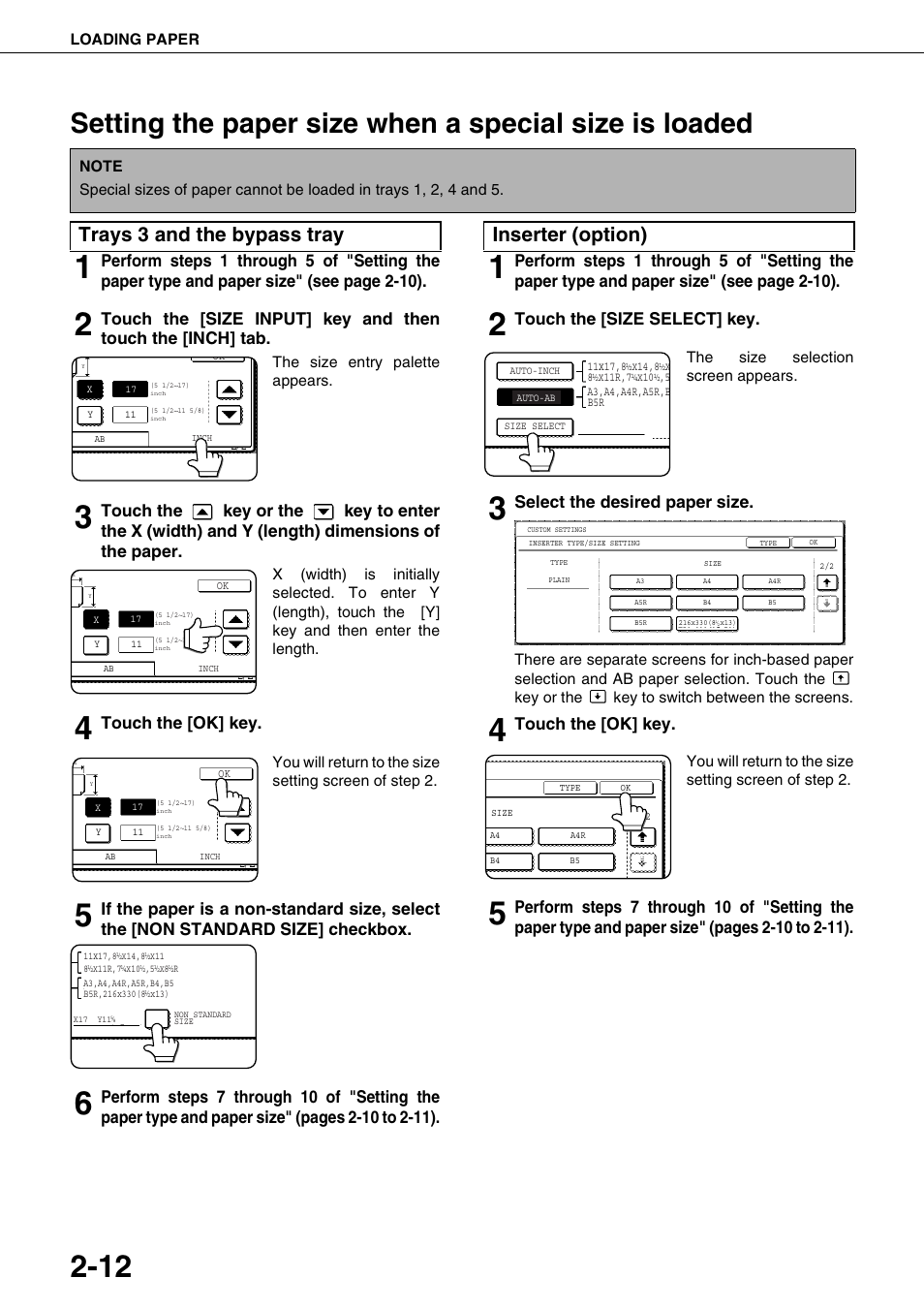 Trays 3 and the bypass tray, Inserter (option), Setting the paper size when a special size is | Loaded, Touch the [ok] key, Touch the [size select] key, Select the desired paper size, Loading paper, The size entry palette appears, The size selection screen appears | Sharp AR-M700N User Manual | Page 40 / 172