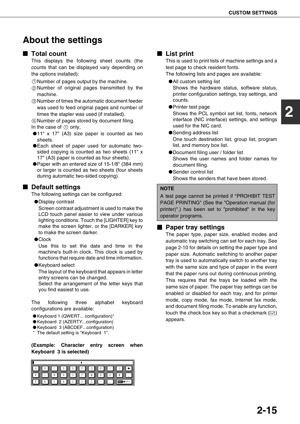 About the settings, Total count, Default settings | List print, Paper tray settings, E 2-15), Ge 2-15) | Sharp AR-M700N User Manual | Page 43 / 172