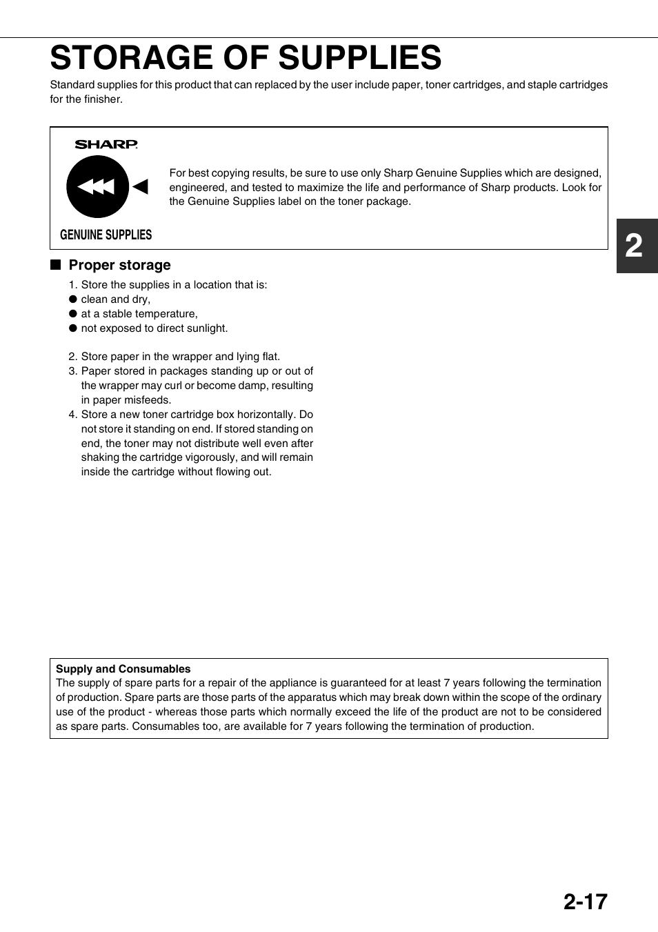 Storage of supplies, Proper storage, 2storage of supplies | Sharp AR-M700N User Manual | Page 45 / 172