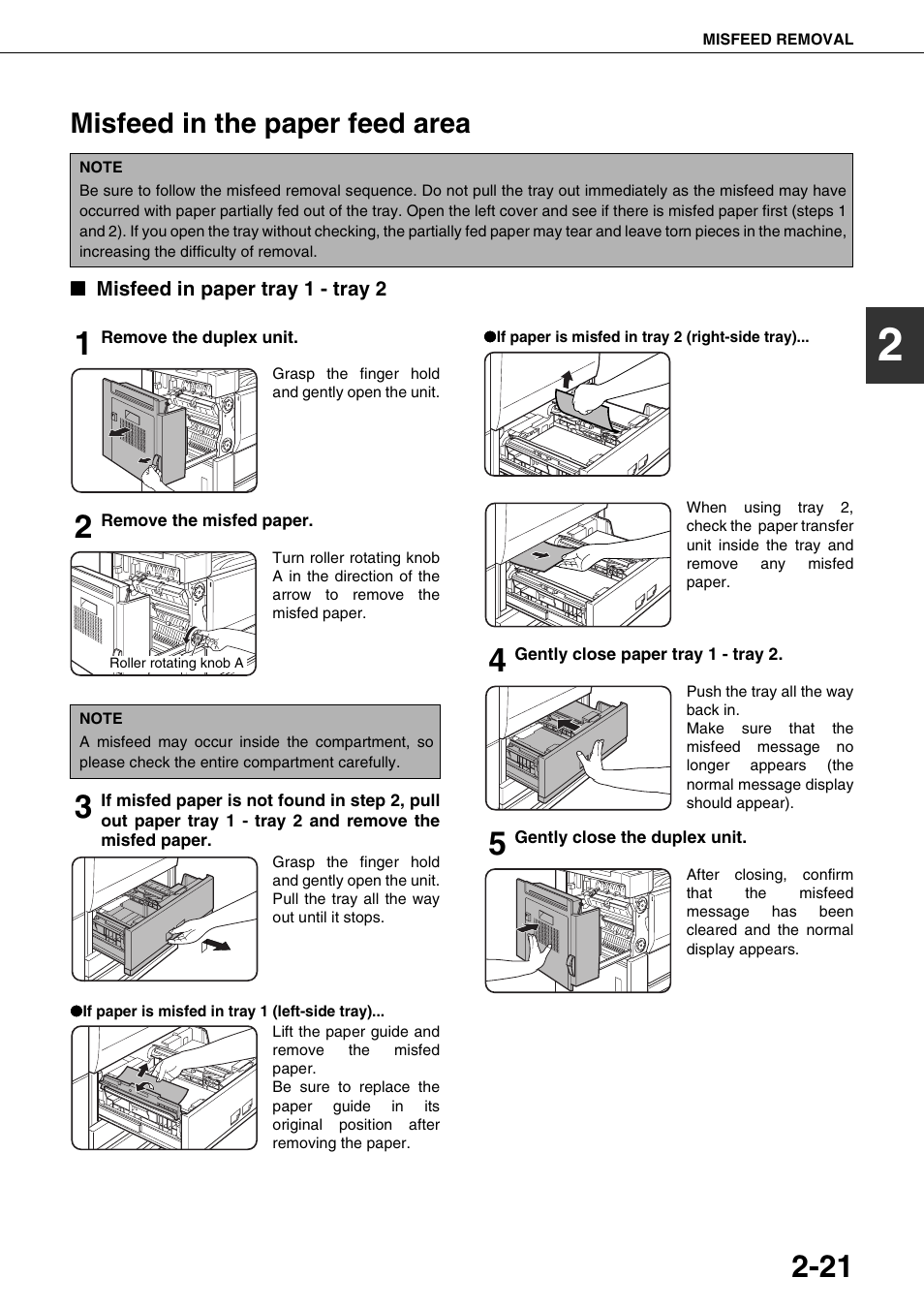 Misfeed in the paper feed area, Misfeed in paper tray 1 - tray 2 | Sharp AR-M700N User Manual | Page 49 / 172