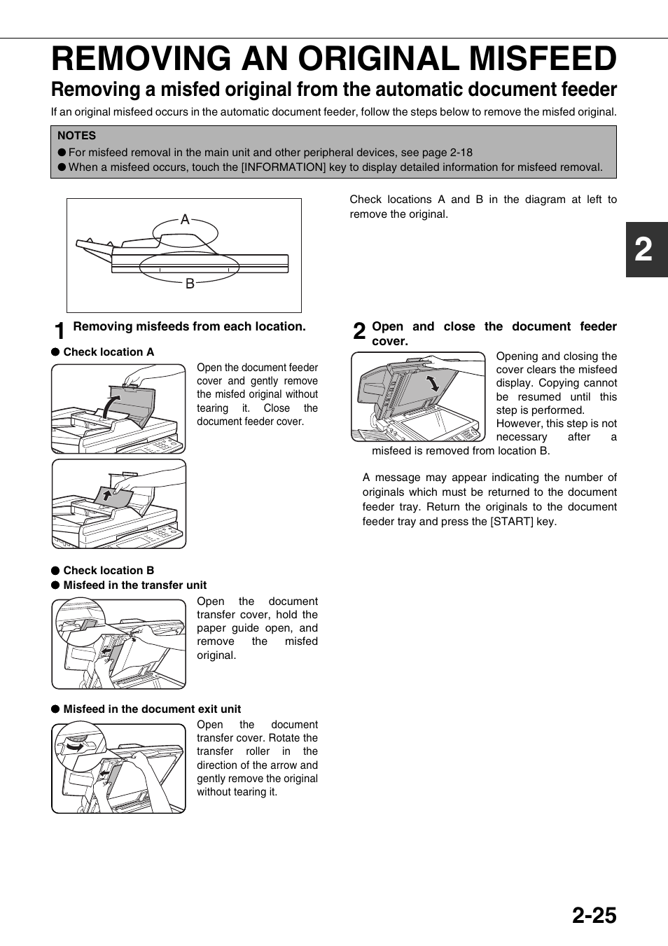 Removing an original misfeed, Removing a misfed original from the automatic, Document feeder | 2removing an original misfeed | Sharp AR-M700N User Manual | Page 53 / 172