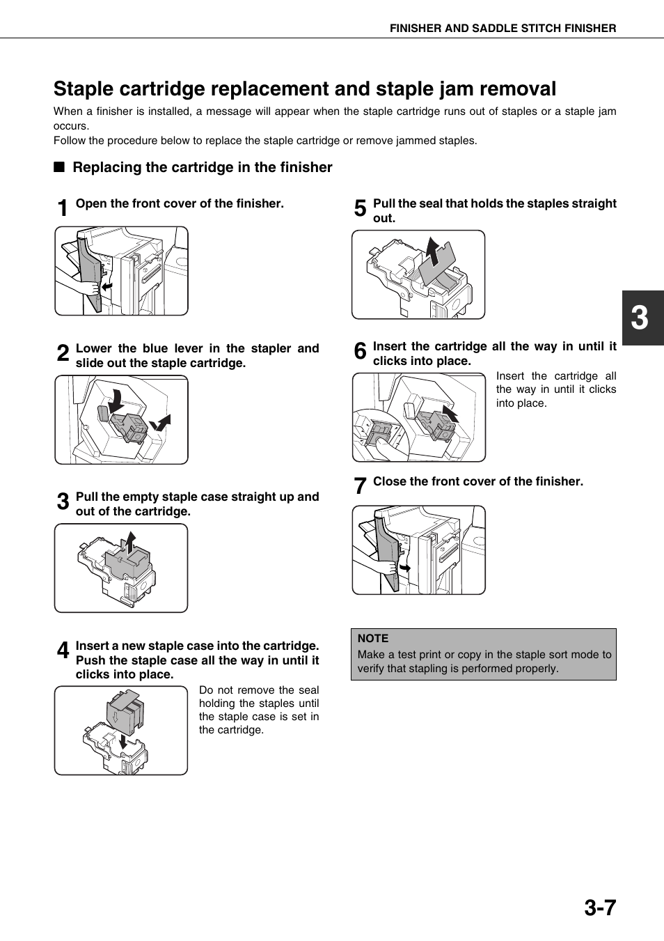 Replacing the cartridge in the finisher, Staple cartridge replacement and staple jam, Removal | Sharp AR-M700N User Manual | Page 63 / 172