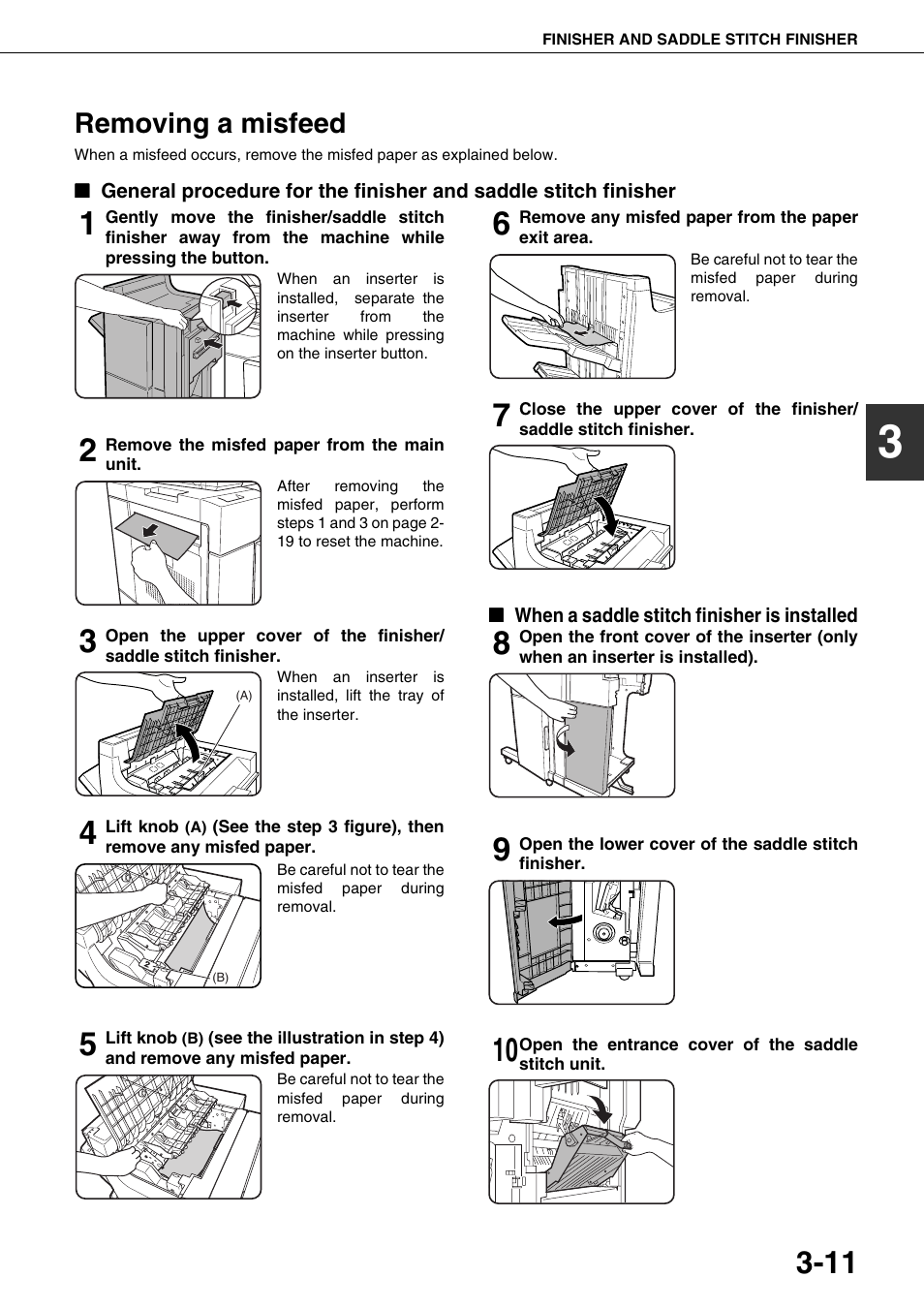 Removing a misfeed, When a saddle stitch finisher is installed | Sharp AR-M700N User Manual | Page 67 / 172