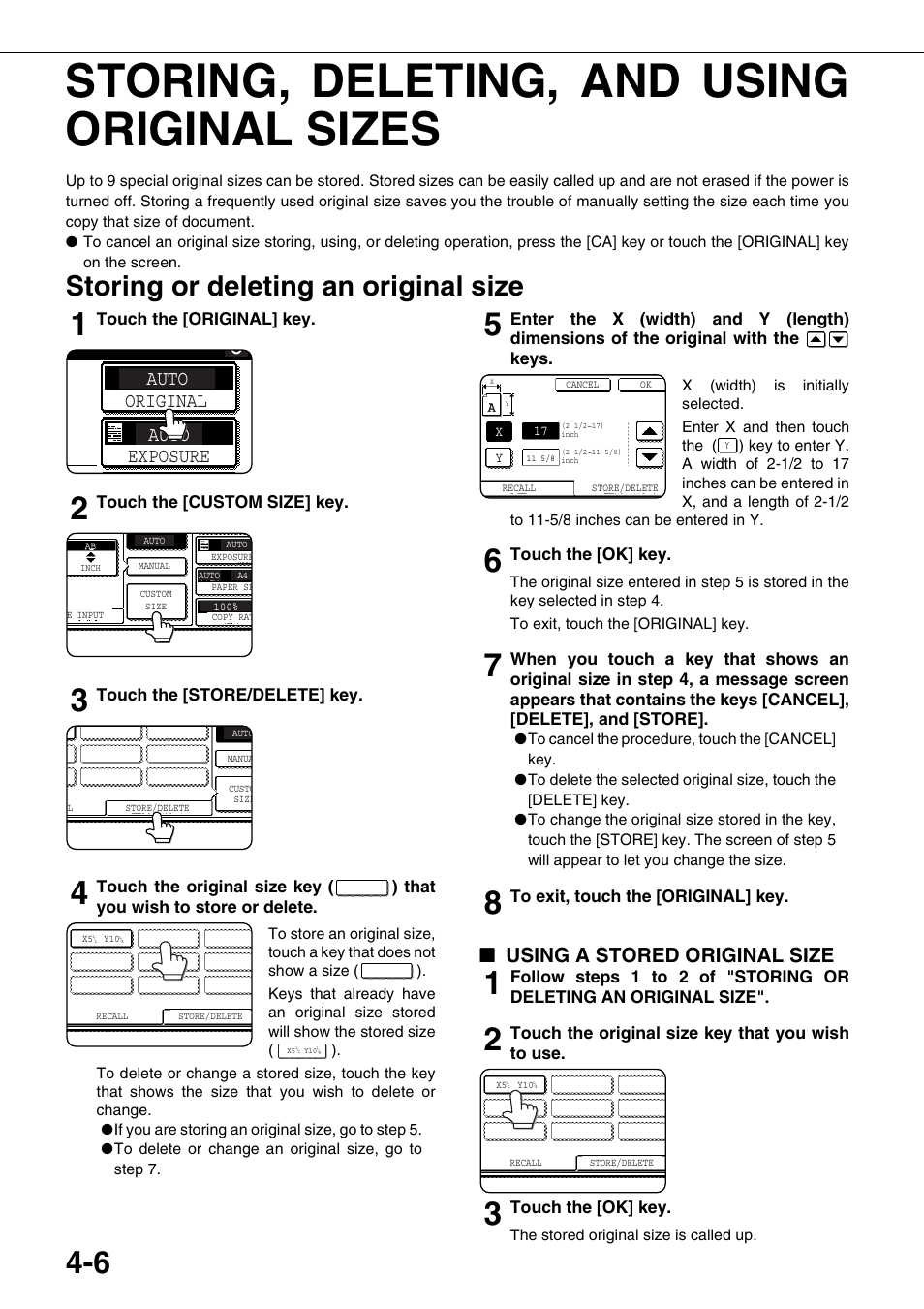 Storing, deleting, and using original sizes, Storing or deleting an original size, Using a stored original size | Storing, deleting, and using original, Sizes, Auto original exposure, Auto | Sharp AR-M700N User Manual | Page 82 / 172