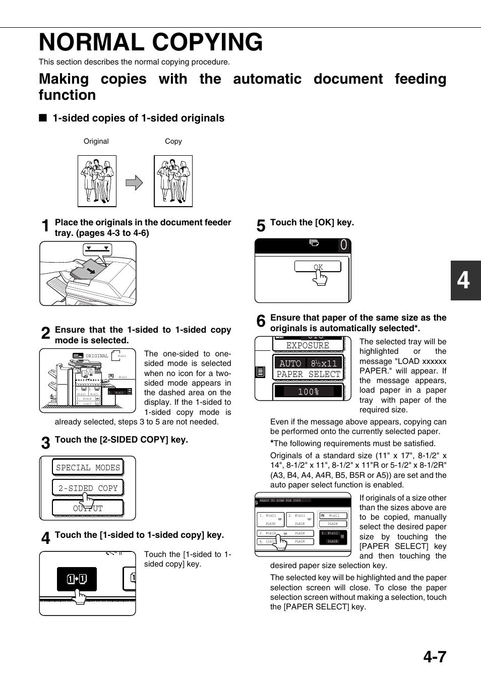 Normal copying, Sided copies of 1-sided originals, Making copies with the automatic document | Feeding function, 4normal copying, Special modes 2-sided copy output, Touch the [2-sided copy] key, Touch the [1-sided to 1-sided copy] key, Touch the [ok] key | Sharp AR-M700N User Manual | Page 83 / 172
