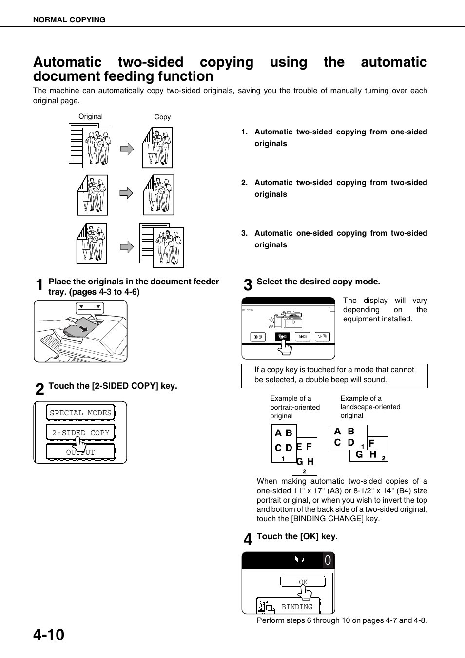 Automatic two-sided copying using the automatic, Document feeding function, S 4-10, 4 | Function | Sharp AR-M700N User Manual | Page 86 / 172
