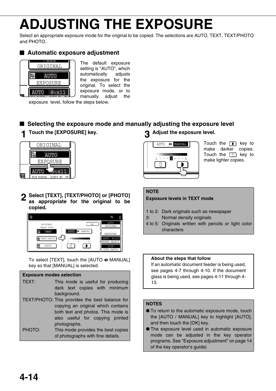 Adjusting the exposure, Automatic exposure adjustment, Uto auto auto 8 x11 original paper sele t exposure | Auto, Auto 8 x11 original paper sele t exposure | Sharp AR-M700N User Manual | Page 90 / 172