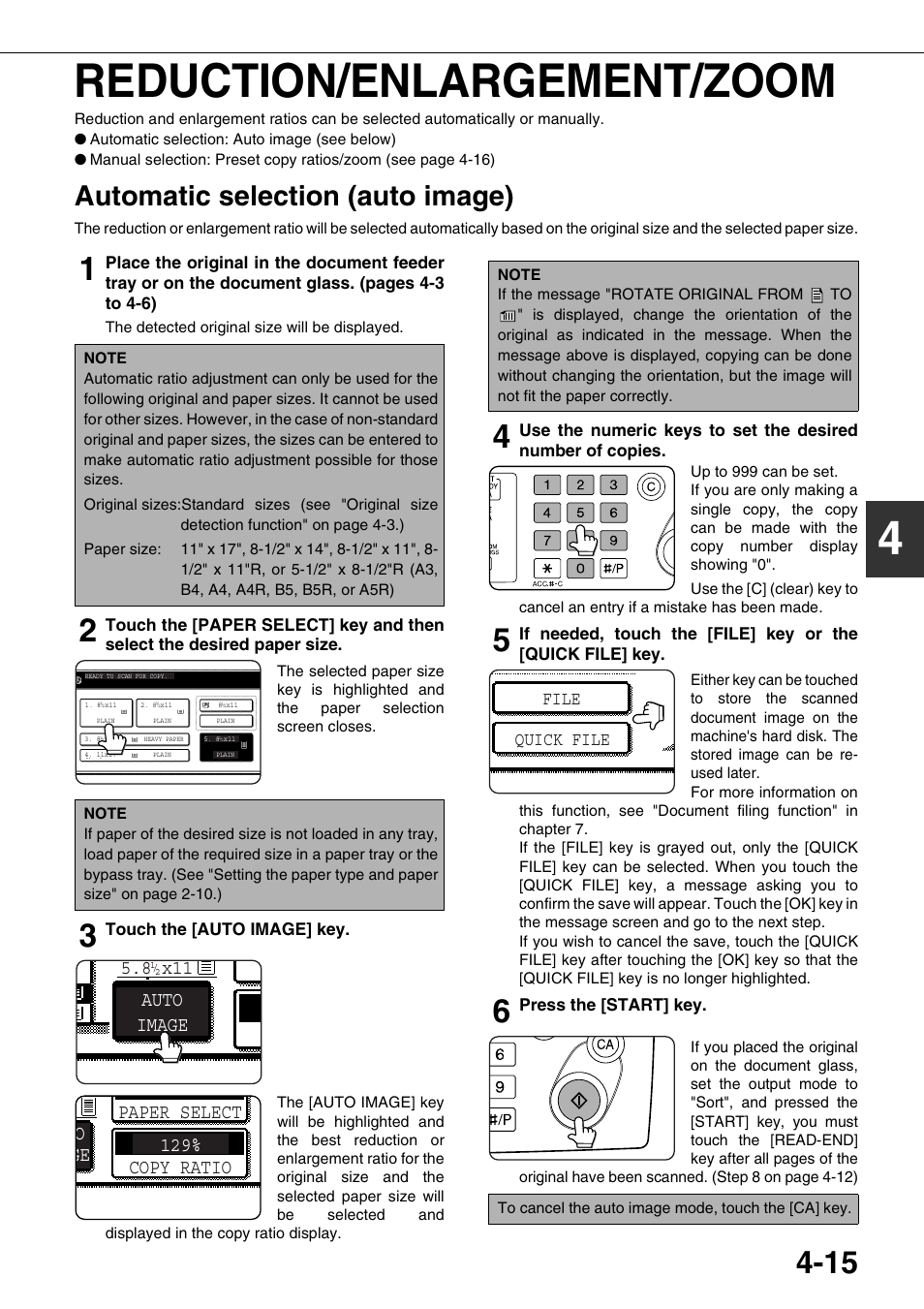 Reduction/enlargement/zoom, Automatic selection (auto image), 4reduction/enlargement/zoom | 8 x11 auto image, Oge 129% paper select copy ratio, Quick file file | Sharp AR-M700N User Manual | Page 91 / 172