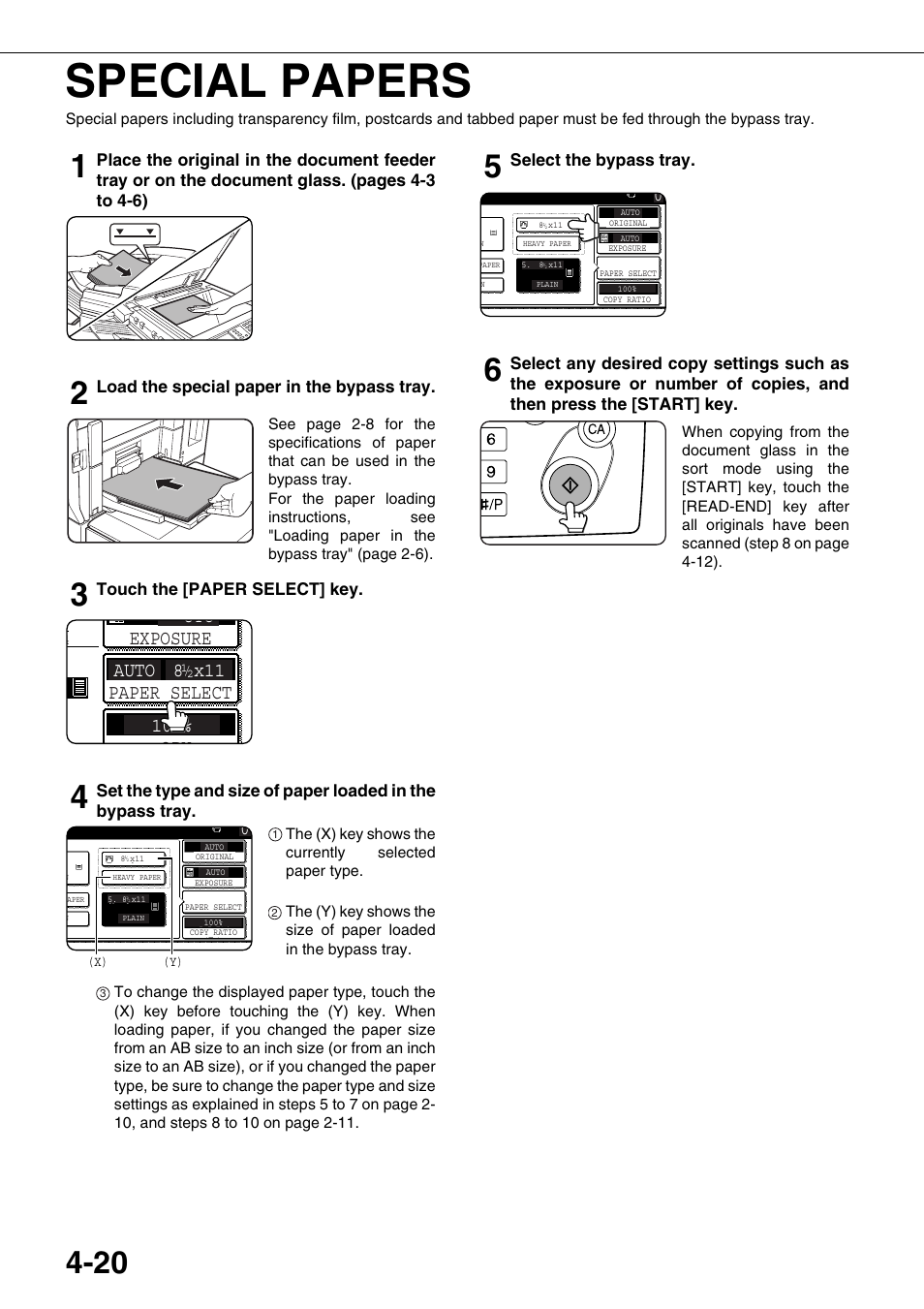 Special papers, Load the special paper in the bypass tray, Touch the [paper select] key | Select the bypass tray | Sharp AR-M700N User Manual | Page 96 / 172