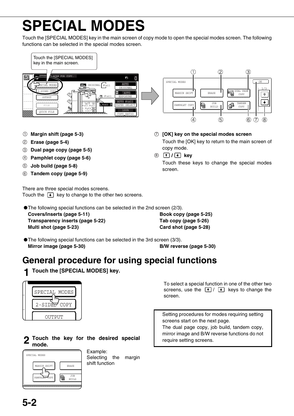 Special modes, General procedure for using special functions, Special modes 2-sided copy output | Touch the [special modes] key, Touch the key for the desired special mode | Sharp AR-M700N User Manual | Page 98 / 172