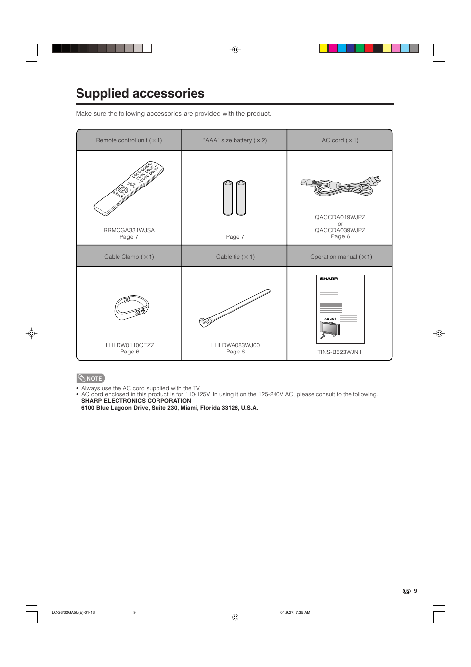 Supplied accessories | Sharp Aquos LC-32GA5U User Manual | Page 10 / 65