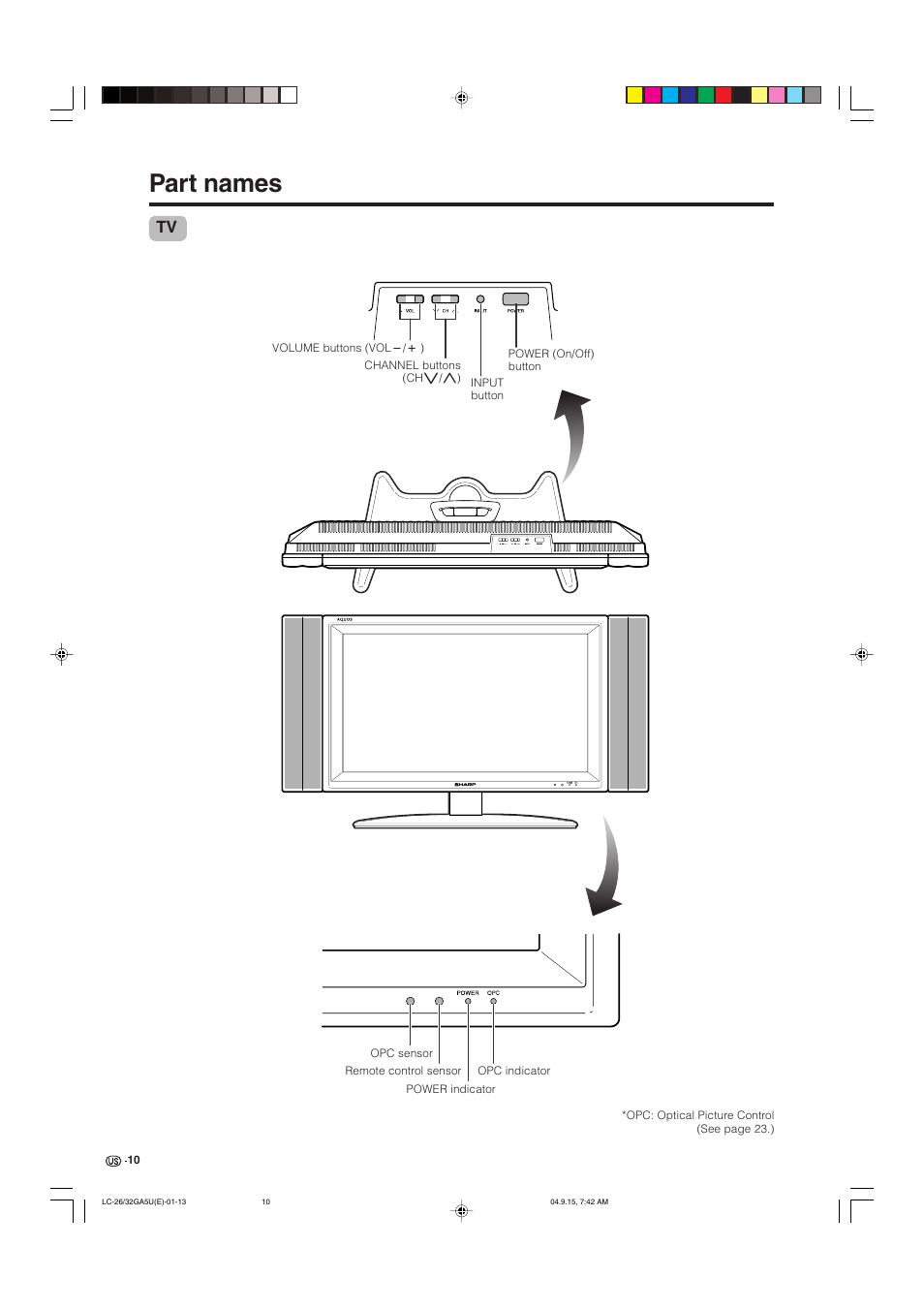 Part names | Sharp Aquos LC-32GA5U User Manual | Page 11 / 65
