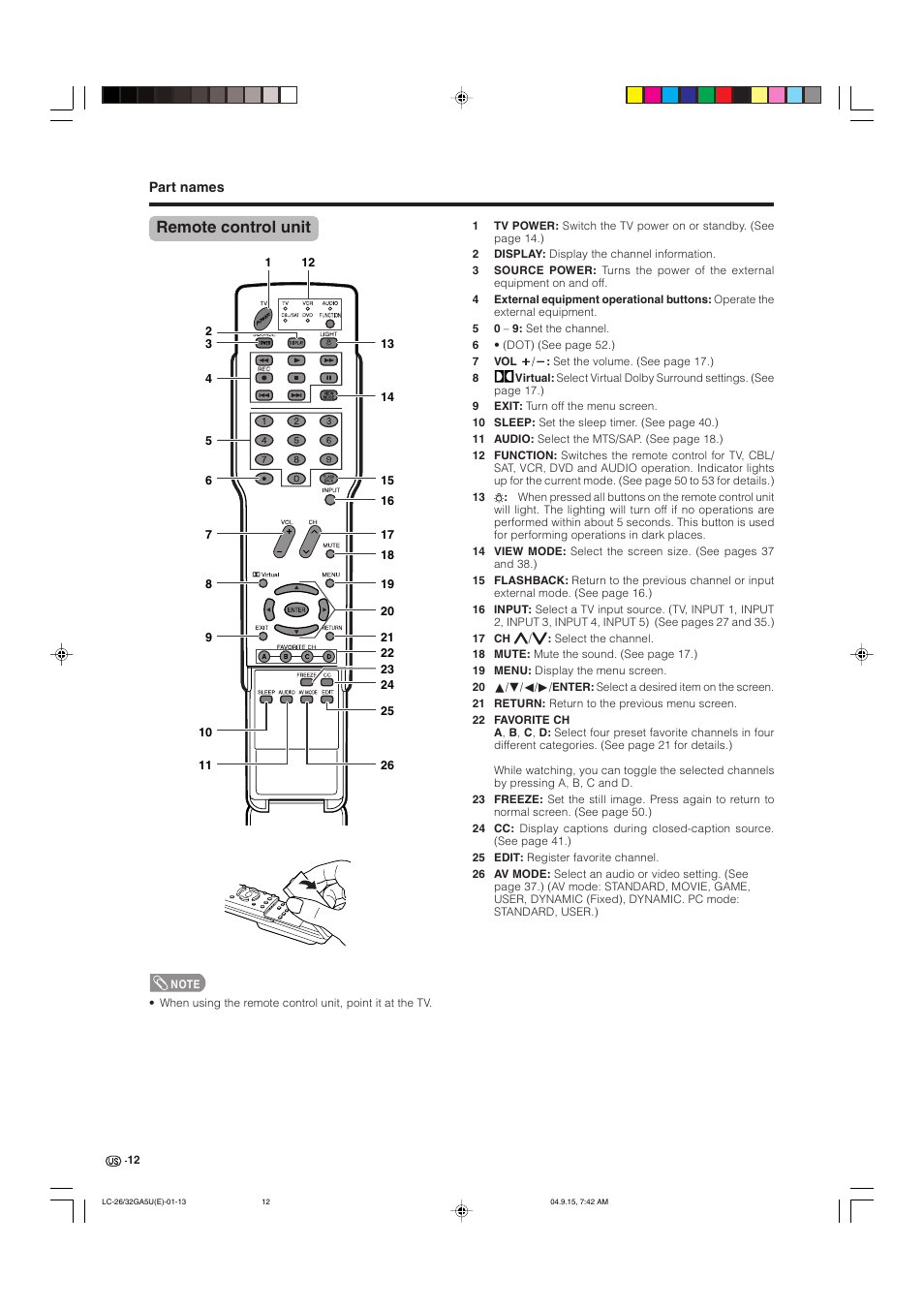 Remote control unit | Sharp Aquos LC-32GA5U User Manual | Page 13 / 65