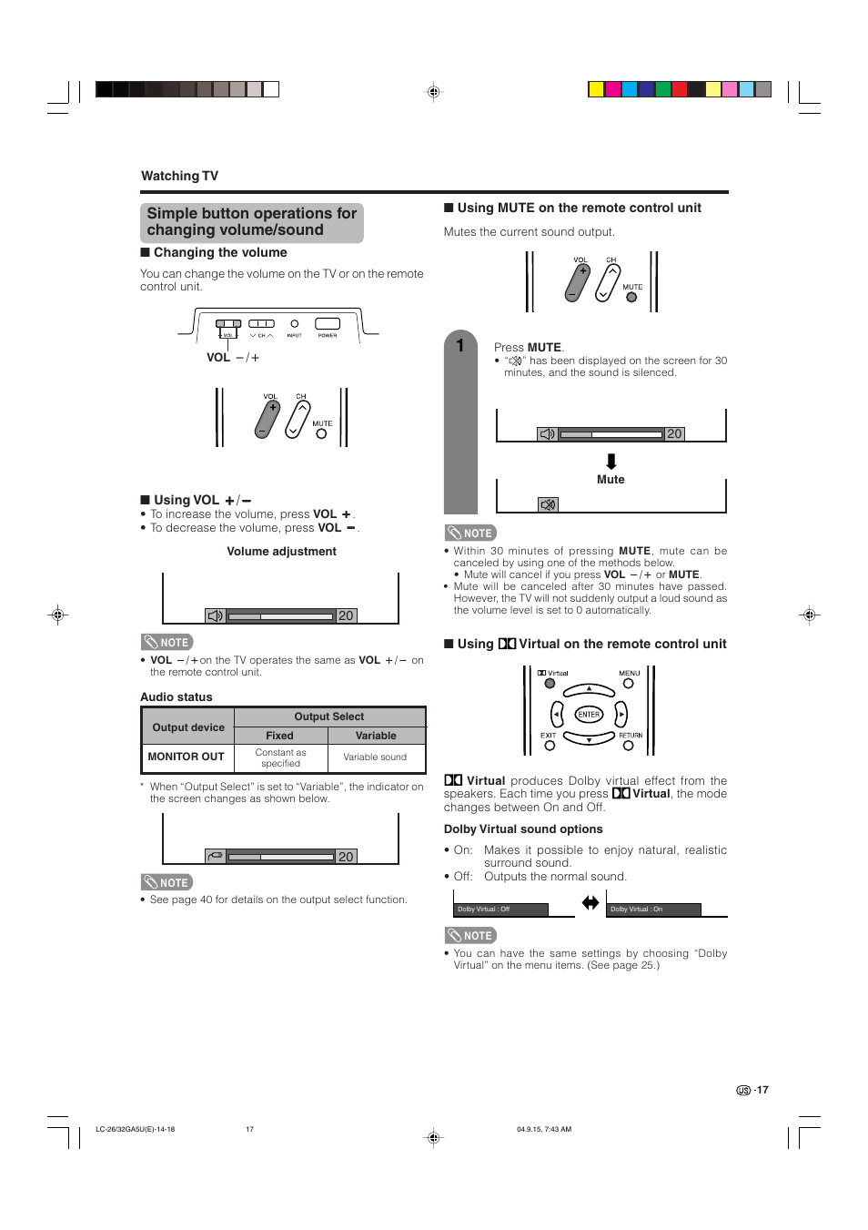 Simple button operations for changing volume/sound | Sharp Aquos LC-32GA5U User Manual | Page 18 / 65