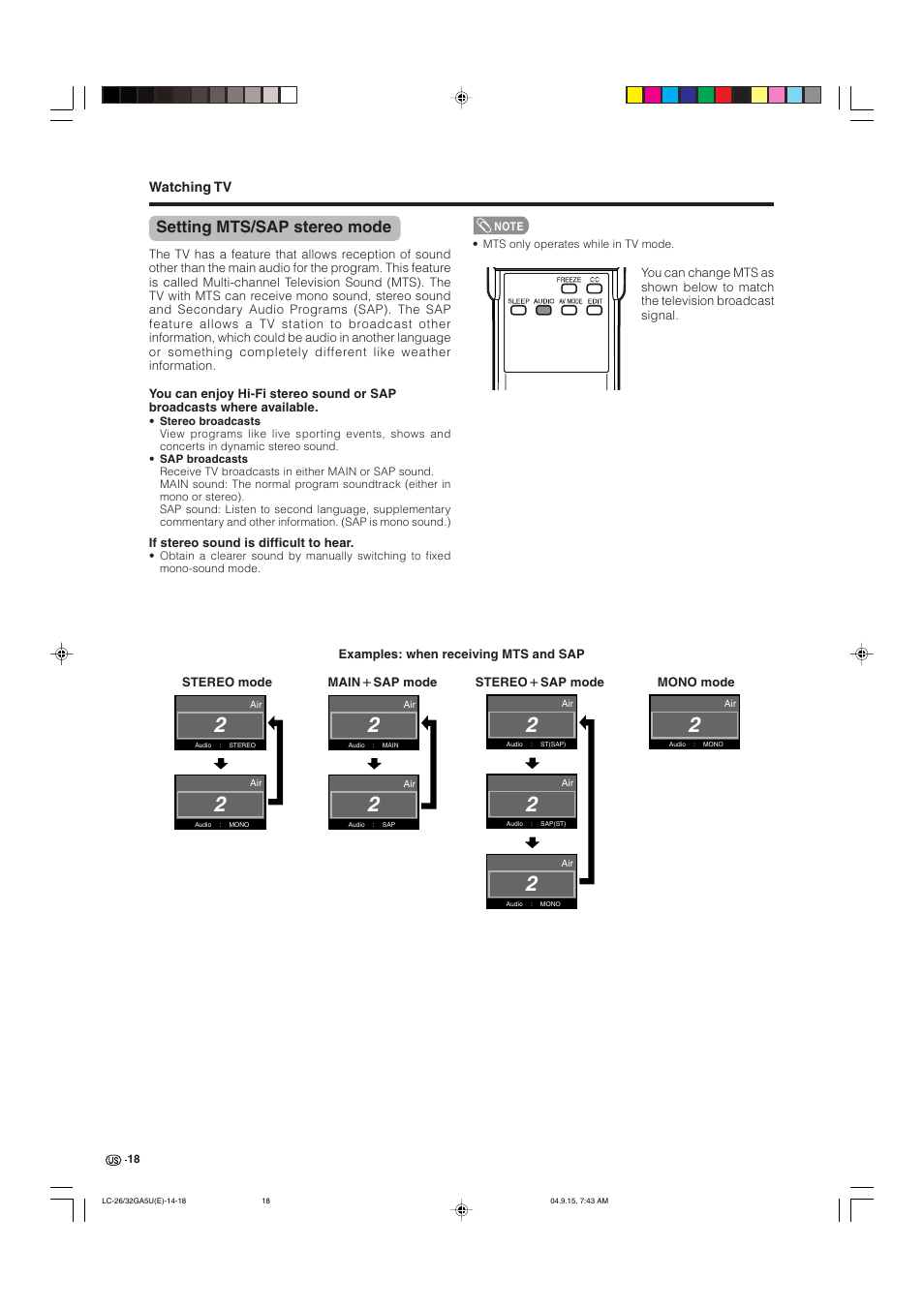 Setting mts/sap stereo mode | Sharp Aquos LC-32GA5U User Manual | Page 19 / 65