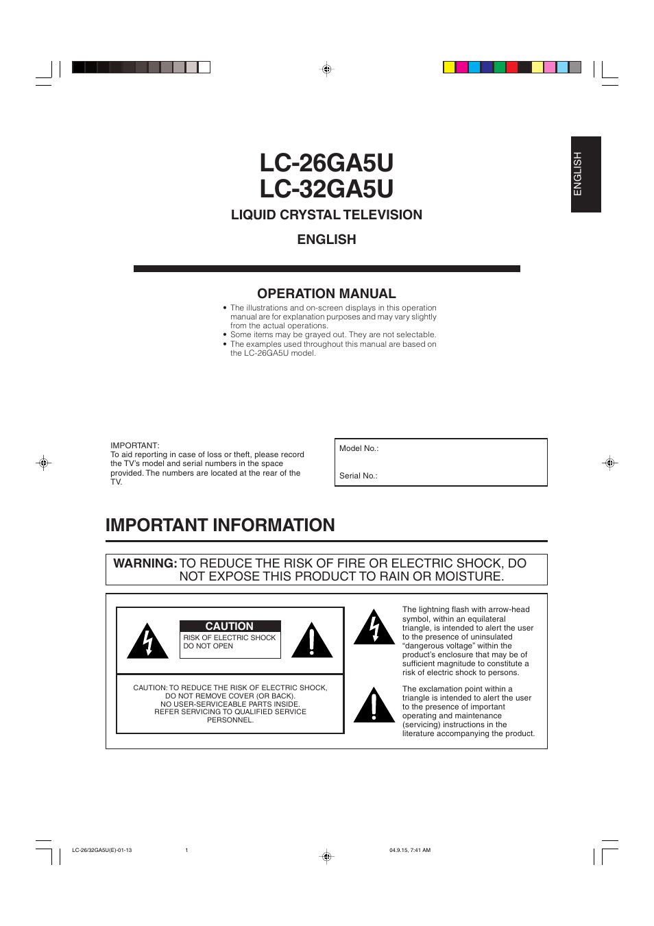 Important information, Liquid crystal television english operation manual | Sharp Aquos LC-32GA5U User Manual | Page 2 / 65