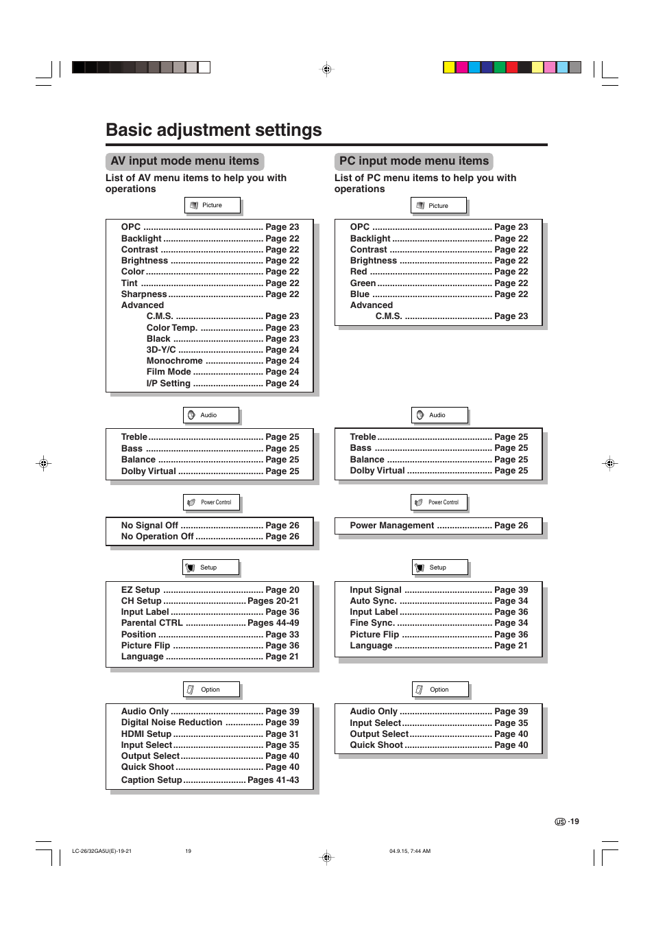 Basic adjustment settings, Av input mode menu items, Pc input mode menu items | Sharp Aquos LC-32GA5U User Manual | Page 20 / 65