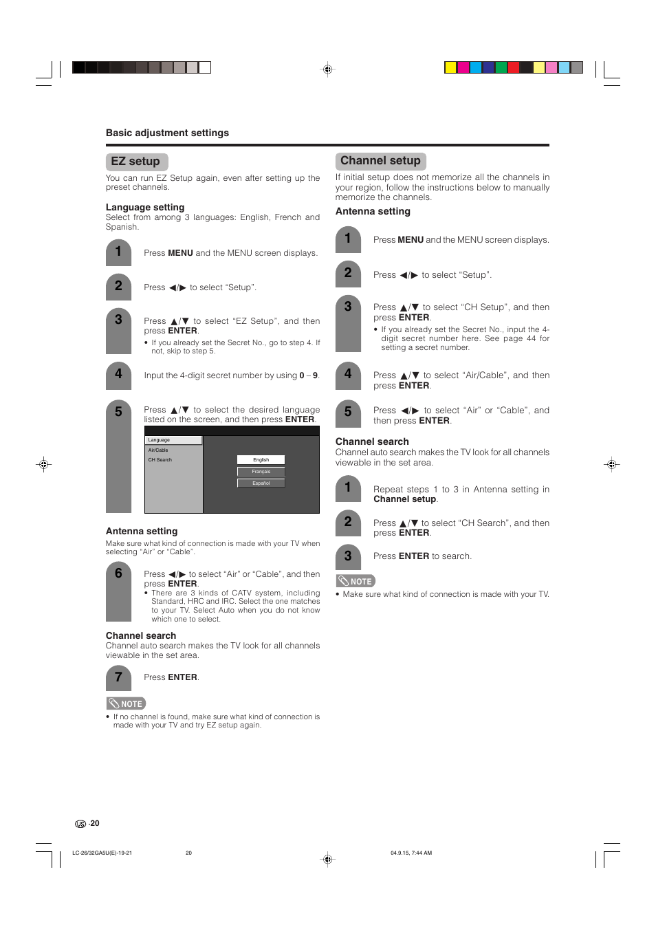 Ez setup, Channel setup | Sharp Aquos LC-32GA5U User Manual | Page 21 / 65