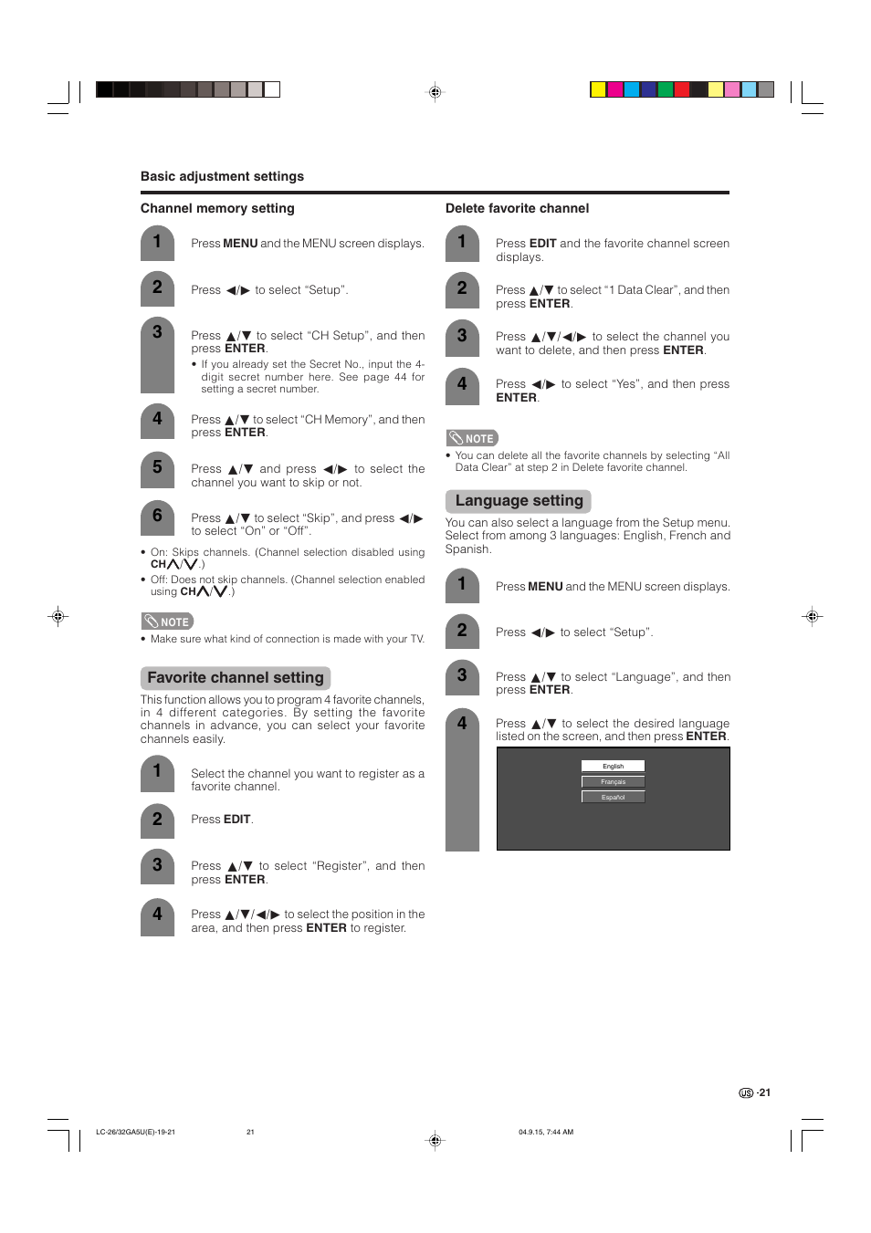 Language setting, Favorite channel setting | Sharp Aquos LC-32GA5U User Manual | Page 22 / 65