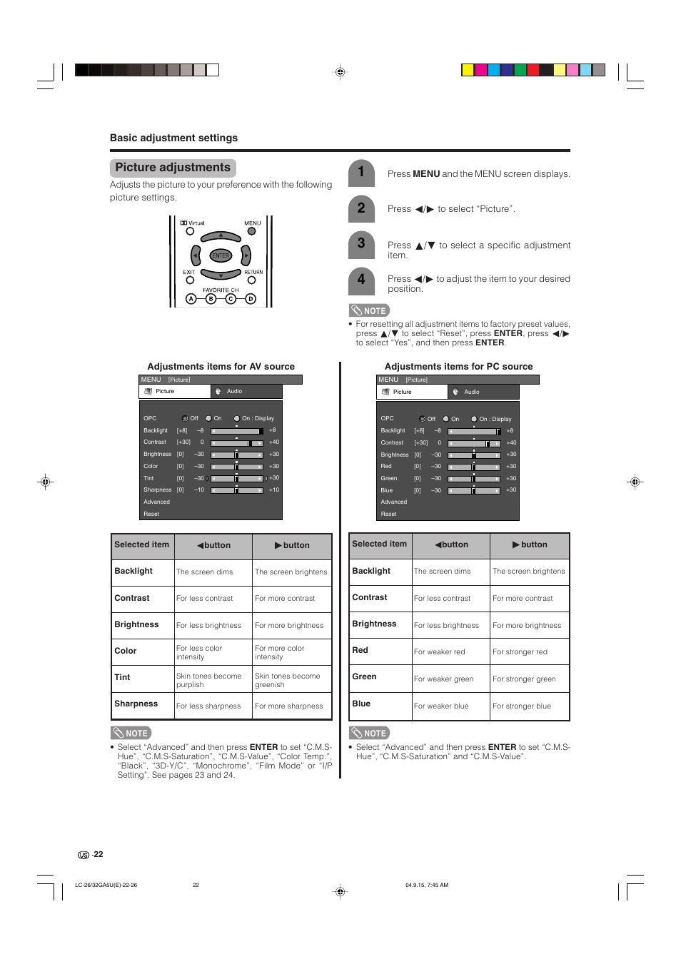 Picture adjustments, Basic adjustment settings | Sharp Aquos LC-32GA5U User Manual | Page 23 / 65