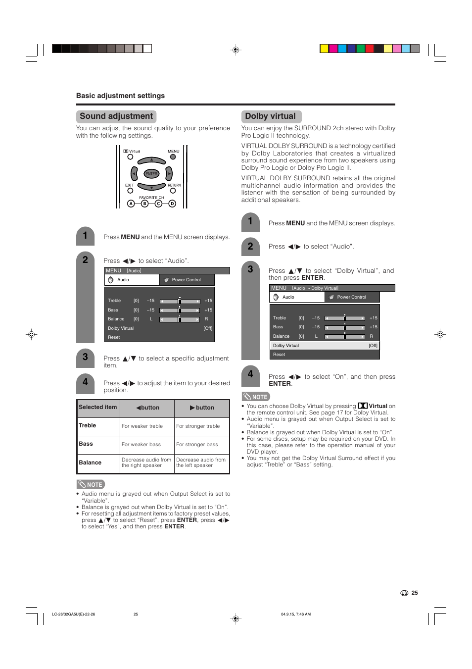 Sound adjustment, Dolby virtual | Sharp Aquos LC-32GA5U User Manual | Page 26 / 65