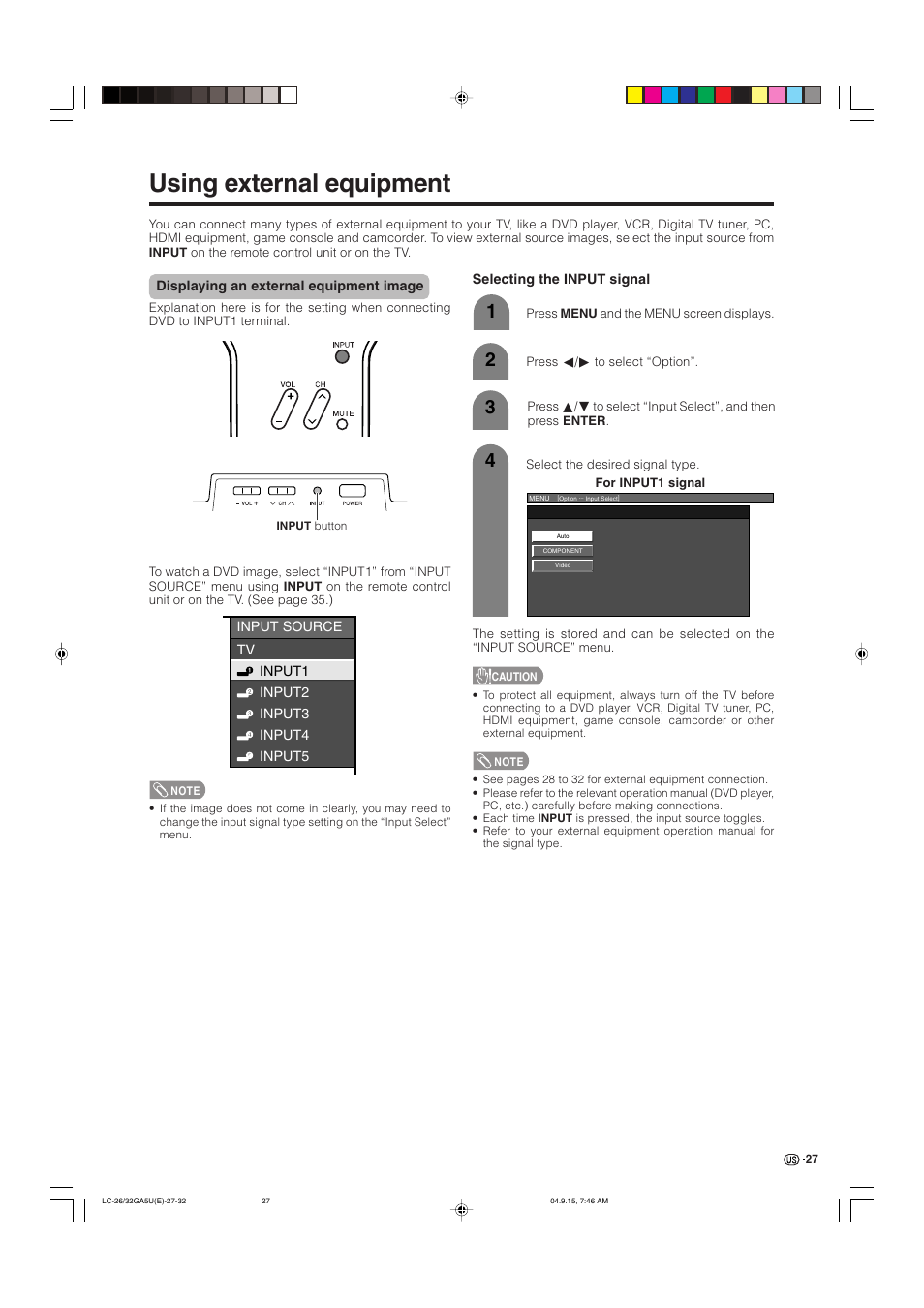 Using external equipment | Sharp Aquos LC-32GA5U User Manual | Page 28 / 65