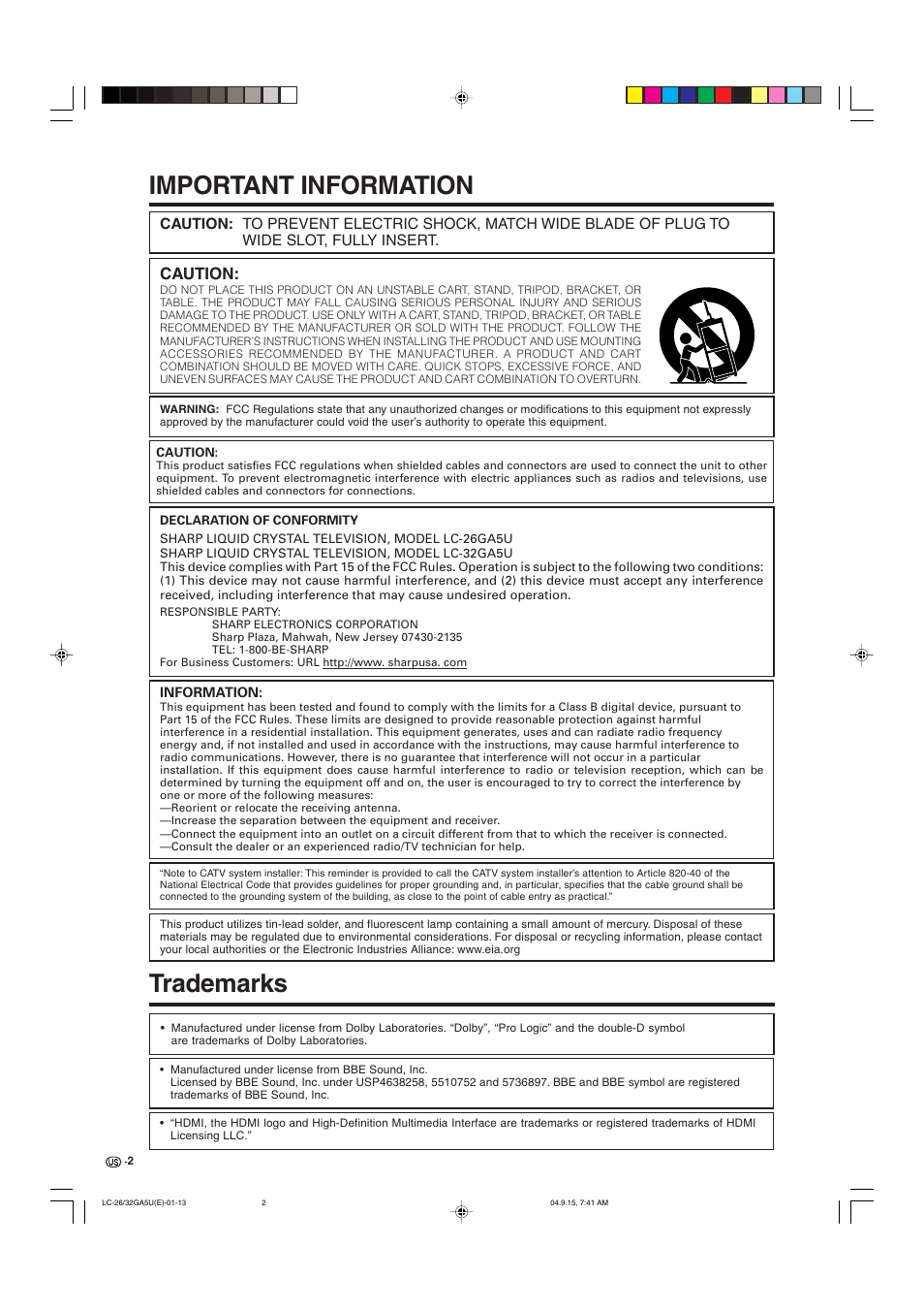 Important information, Trademarks, Caution | Sharp Aquos LC-32GA5U User Manual | Page 3 / 65