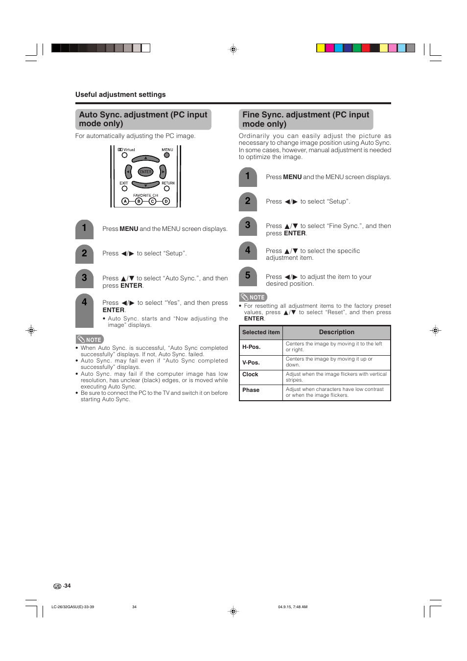 Auto sync. adjustment (pc input mode only), Fine sync. adjustment (pc input mode only) | Sharp Aquos LC-32GA5U User Manual | Page 35 / 65