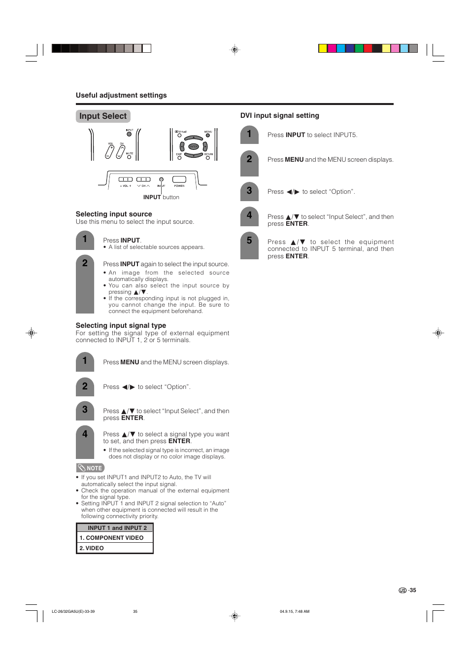 Input select | Sharp Aquos LC-32GA5U User Manual | Page 36 / 65