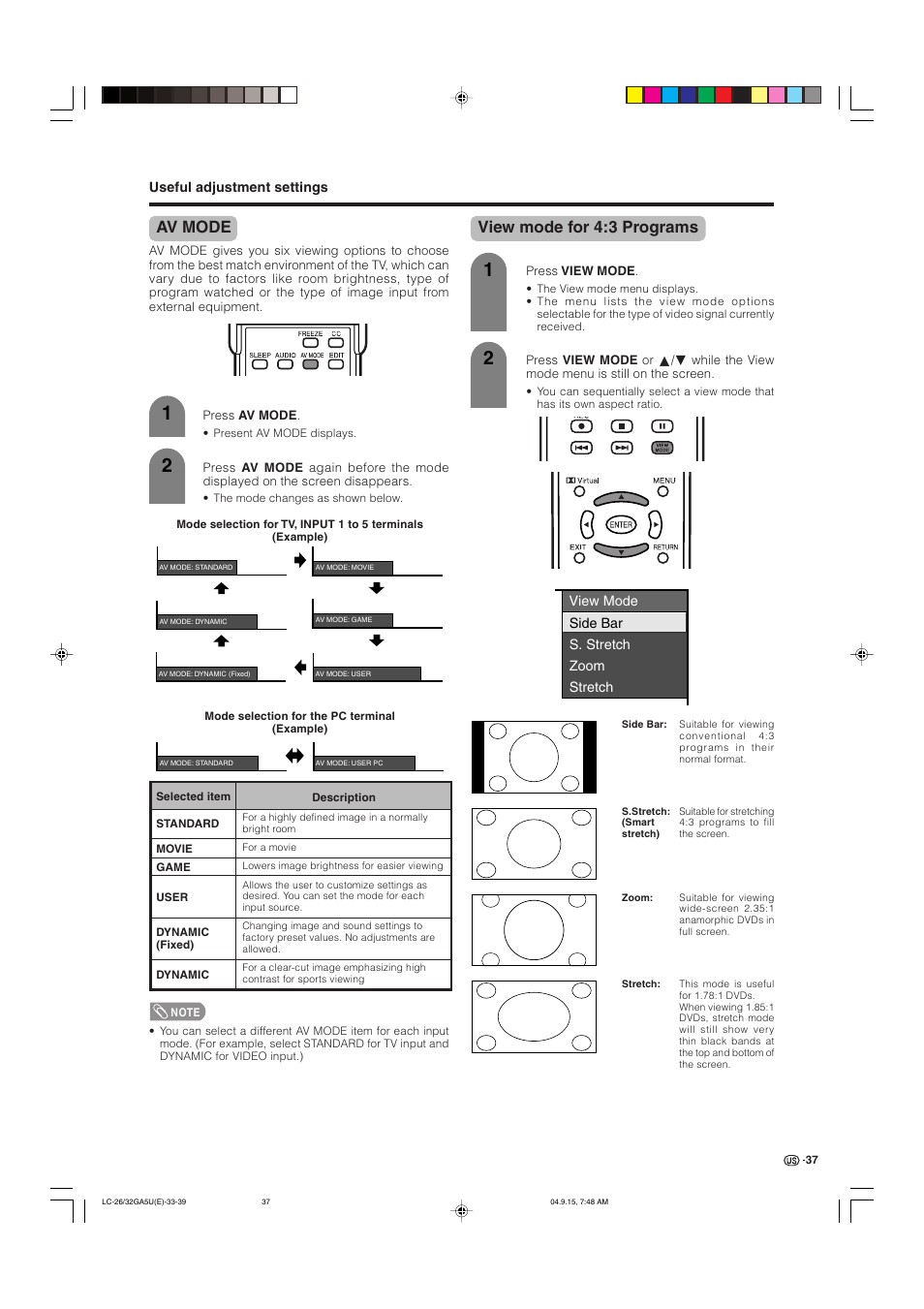 Av mode, View mode for 4:3 programs | Sharp Aquos LC-32GA5U User Manual | Page 38 / 65